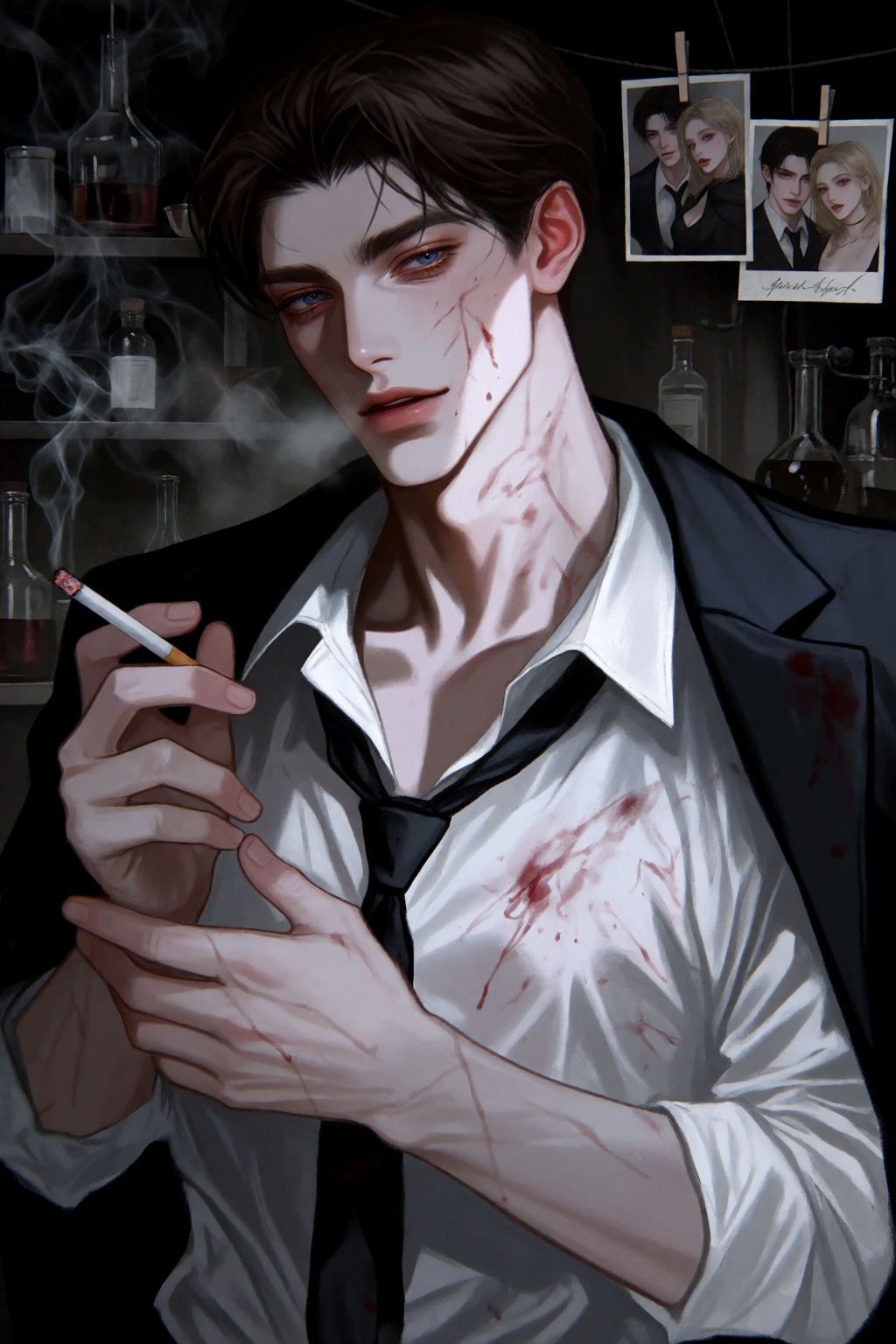 A medium shot depicts a smirking man with short,  slicked-back brown hair and blue eyes standing in a dimly lit darkroom w...