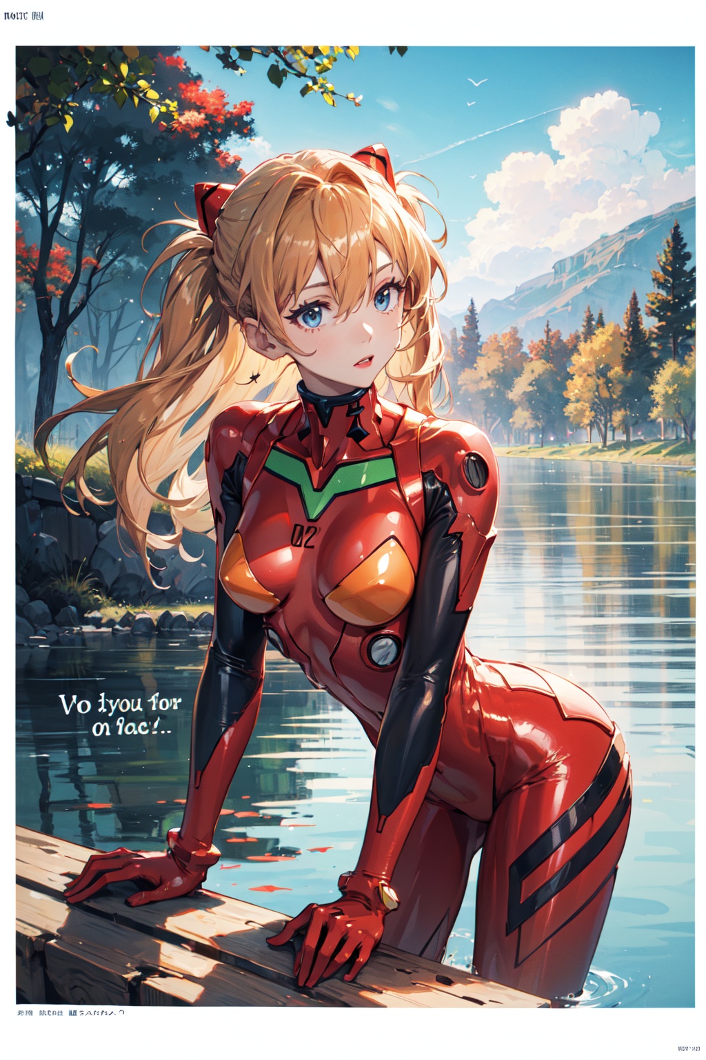 <lora:Asuka-000018:0.8>,Asuka CYQL,1girl,looking at viewer,solo,long hair,blue eyes,interface headset,brown hair,orange hair,hair between eyes,two side up,medium breasts,(Asuka Red,plugsuit,bodysuit,red bodysuit,floating hair,skin tight,long legs,two-tone sleeves),(crazy_smile:1.2),beautiful face,beautiful eyes,glossy skin,shiny skin,(upper_body,from_side,leaning forward:1.2),arm support,Serene lake, Paddleboarding, Midday sun, Clear water, Relaxation, Scenic beauty,lotus,beautiful detailed sky,beautiful detailed glow,(English text:1.3),(border:1.5),posing in front of a colorful and dynamic background,(masterpiece, best quality, beautiful and aesthetic:1.3),contrapposto,female focus,fine fabric emphasis,wallpaper,fashion,Lipstick,depth of field,intricate_detail,finely_detailed,fine_fabric_emphasis,(glossy),<lora:增强减少细节add_detail:0.3>,