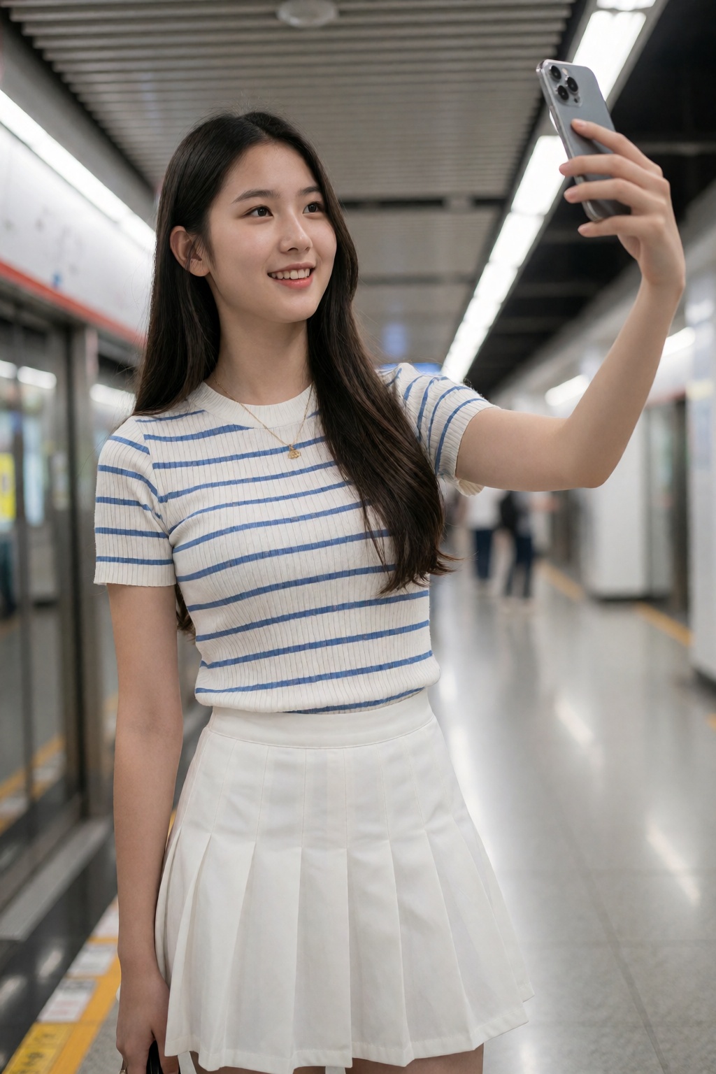 A young woman,  dressed in a white and blue striped top and pleated skirt,  is holding her phone and smiling as she takes...