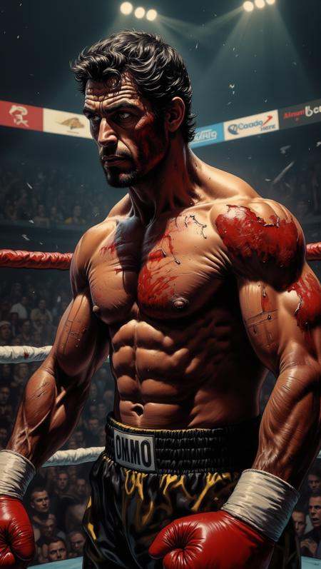 A bruised and bloodied boxer stands in the center of the ring,  his fists clenched and his breath heavy. Sweat drips from...