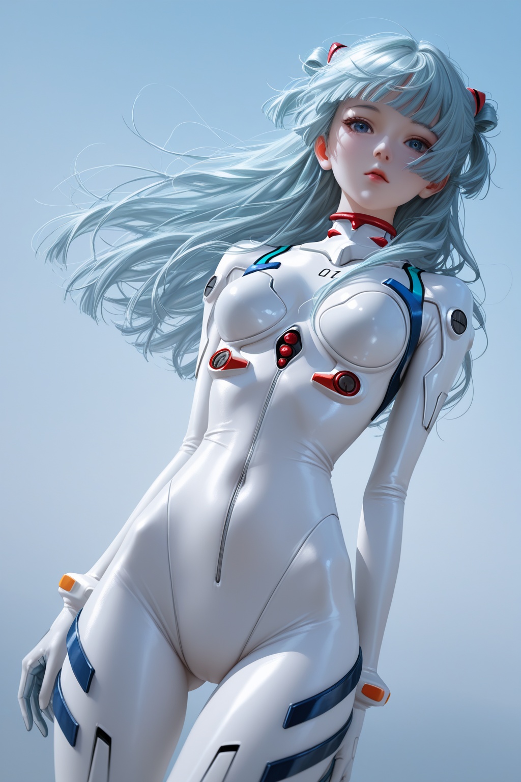 masterpiece,best quality,amazing quality,very aesthetic,absurdres,newest,highres,nixeu,1girl,maomao \\(kusuriya no hitorigoto\\),plugsuit,pilot suit,white bodysuit,looking at viewer,head tilted,light blue long hair,hair blowing in the wind,(intricate details),(dynamic angle),fluffy hair,air bangs,