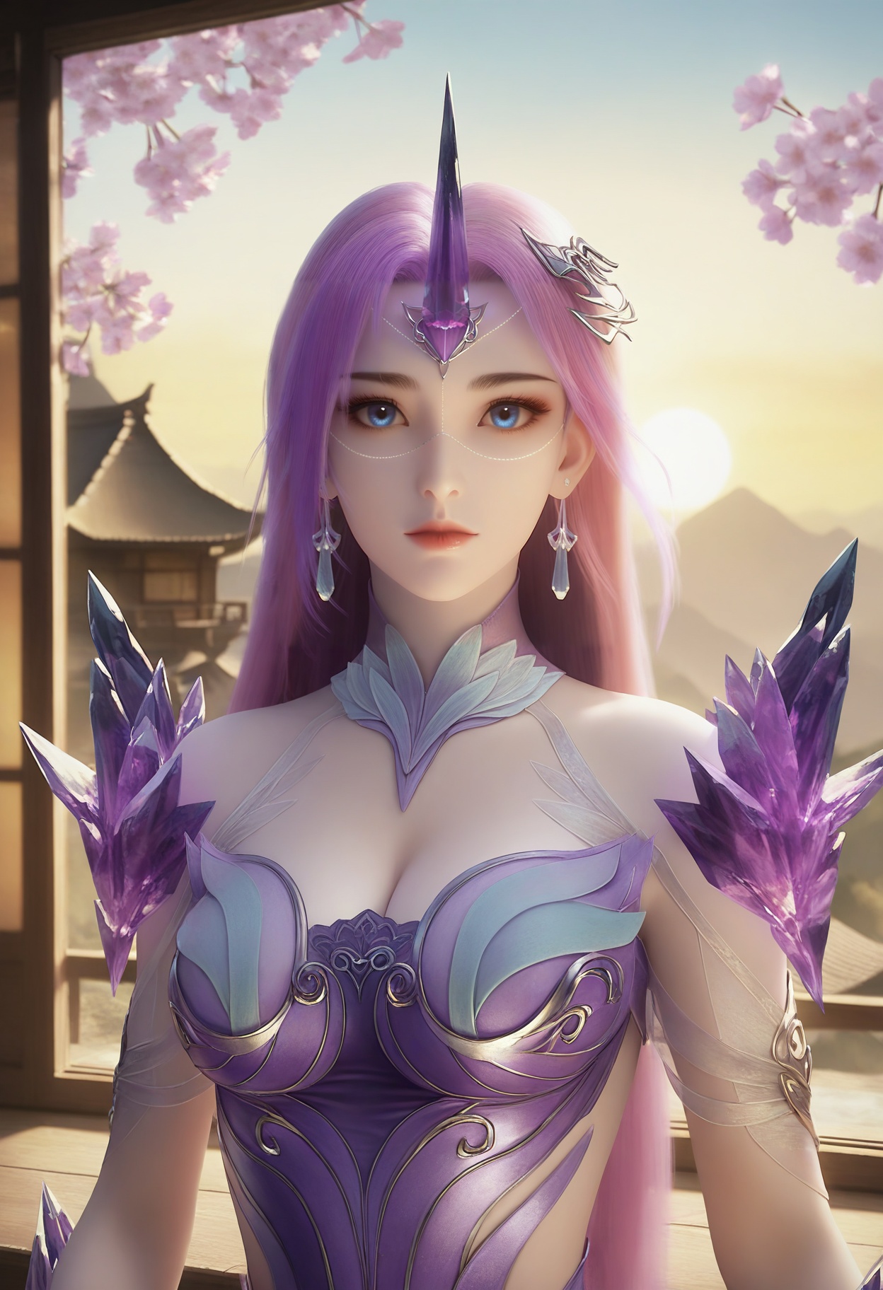 Yue_liu,1girl,blue eyes,long hair,purple hair,earrings,jewelry,hair ornament,crystal,single horn,pink hair,bare shoulders,gem,cleavage,<lora:Yue_liu_10_illu-000005:0.75>,dress,armor,see-through,skirt,purple dress,photorealistic,hyperrealistic,(pale skin:1.2)looking at viewer,standing,(upper body:1.2),close up,head shot,lantern,open window,looking at viewer,indoors,mountains,blossoms,flowers,east asian architecture,beautiful sunrise,warm ambient temperature,
