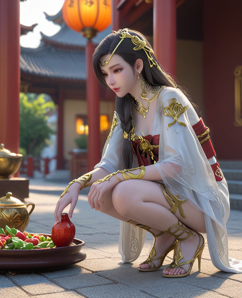 (oriental architecture, elegant decor, sophisticated style:1.1),(Crouch and Ready, Squatting down, hands on the ground, ready to launch into action,:1.1),(breasts:1.2),<lora:XL雪鹰领主许琴:0.95>,miss xuqin,chest-length ru skirt,black hair,long hair,see-through sleeves,circlet,jewelry,obi,bracelet,brown eyes,hair ornament,braid,lips,, score_9,score_8_up,score_7_up,score_6_up,score_5_up,score_4_up,3d rendering,tag1,tag2, Cinematic Lighting,backlighting,