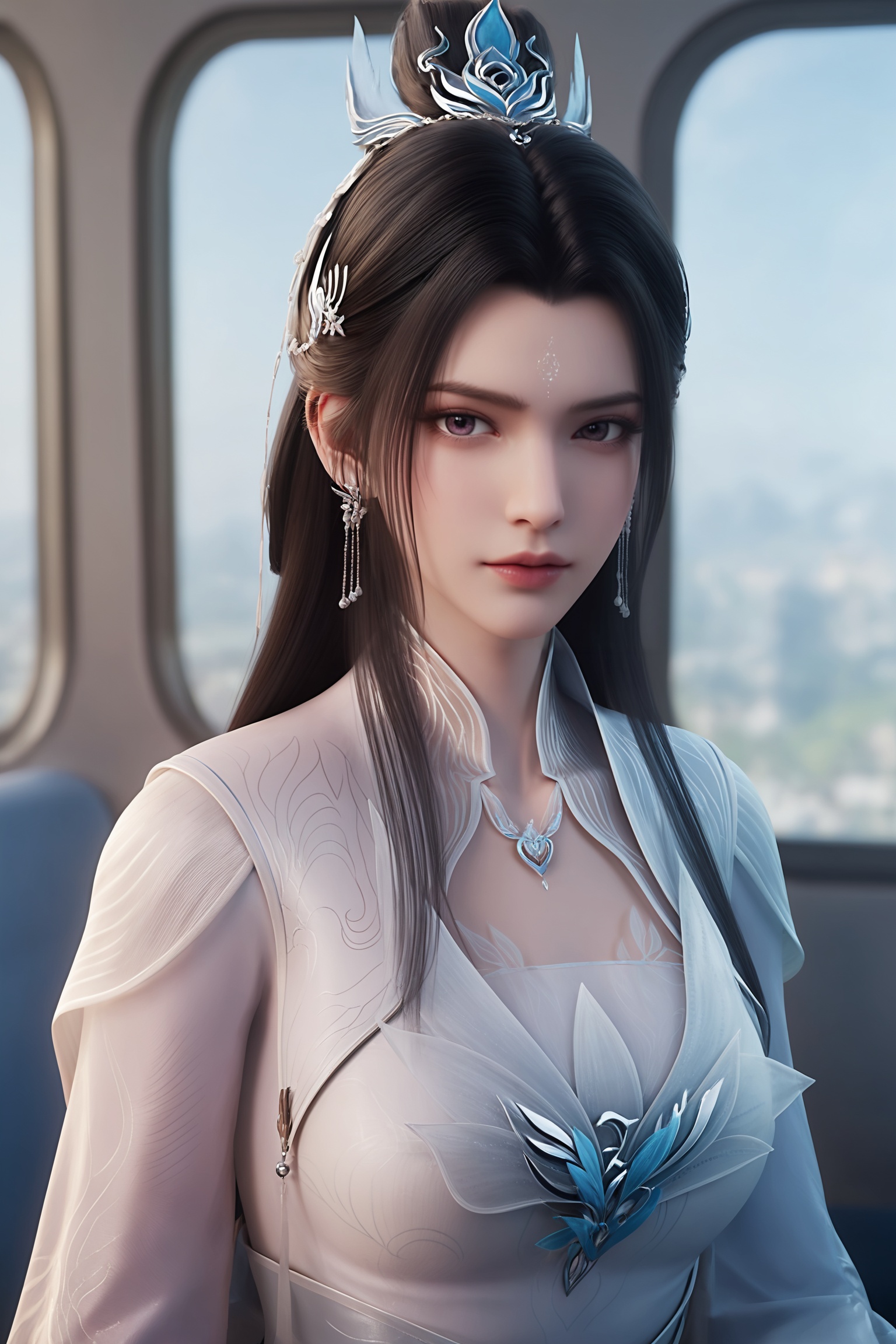photo realistic,masterpiece,best quality,soft glow,skin texture,realistic style,white background,upper body,looking at viewer,solo,1girl,solo focus,(perfect_anatomy:1.1),(upper_body:1.2),(portrait:1.1),sitting,(train_interior:1.1),(blurry_background:1.2),looking at viewer,<lora:诛仙3-陆雪琪Pony:0.7>,1girl,long,flowing black hair,flowing white gown with a high collar,long sleeves,and a fitted bodice,adorned with intricate embroidery and delicate,sparkling elements. flowing white gown with a high collar,long sleeves,and a fitted bodice,adorned with intricate embroidery,
