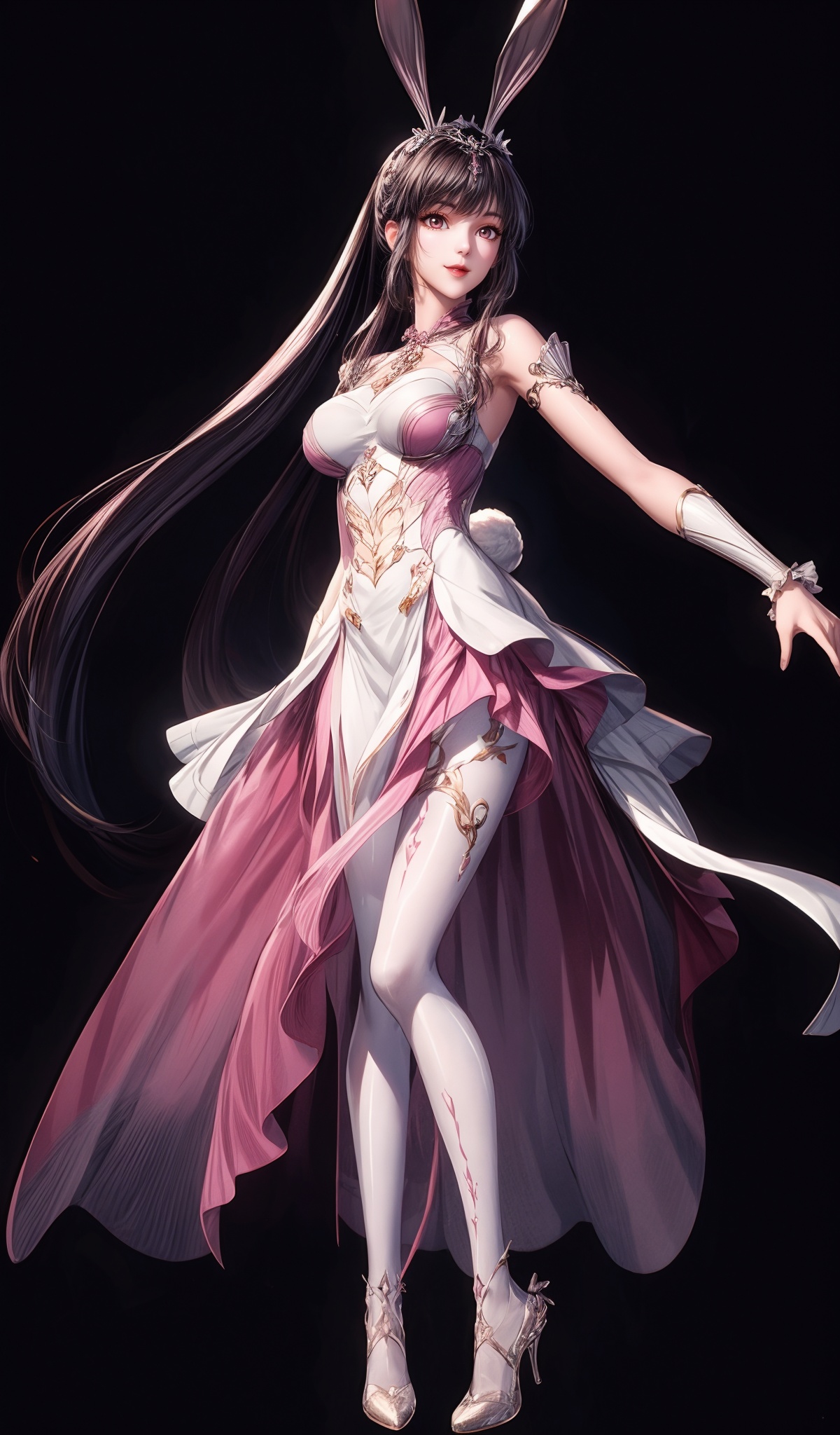 masterpiece,best quality,illustration,anime,(solo:1.1),full_body,simple gray background,looking_at_viewer,1girl,(mature_female:1.2),rabbit ears,dress,pink dress,hair ornament,collar,silver wire edging,black hair,very long hair,<lora:add_detail:1>,smile,<lora:成年小舞1.31:0.7>,thighhighs,pantyhose,white_bodystocking,white_pantyhose,high_heels,