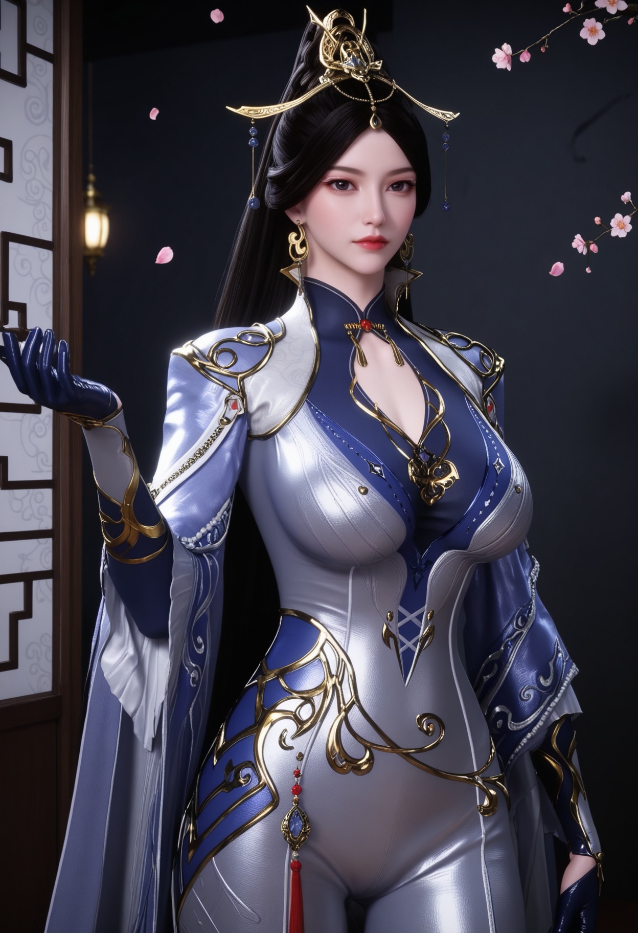 (upper_body:1.2),(gigantic breasts:0.6),Perky boobs,(looking at viewer:1.1),facing viewer,direct gaze,(masterpiece:1.1),(best quality:1.2),(intricate details),(smog:1.3),(Dark room:1.3),(dim lighting:1.3),peach blossom,falling petals,<lora:YQ_Illustrious光辉v5_秋清儿_V1:0.8>,1girl,q1528437228,solo,black hair,jewelry,earrings,long hair,hair ornament,ponytail,dress,gloves,chinese clothes,bodysuit,black eyes,cape,high heels,pantyhose,masterpiece,(best quality),(intricate details:0.9) BREAK (intricate details:0.9),(realistic skin:1.2),masterpiece,best quality,newest,absurdres,hiahres,
