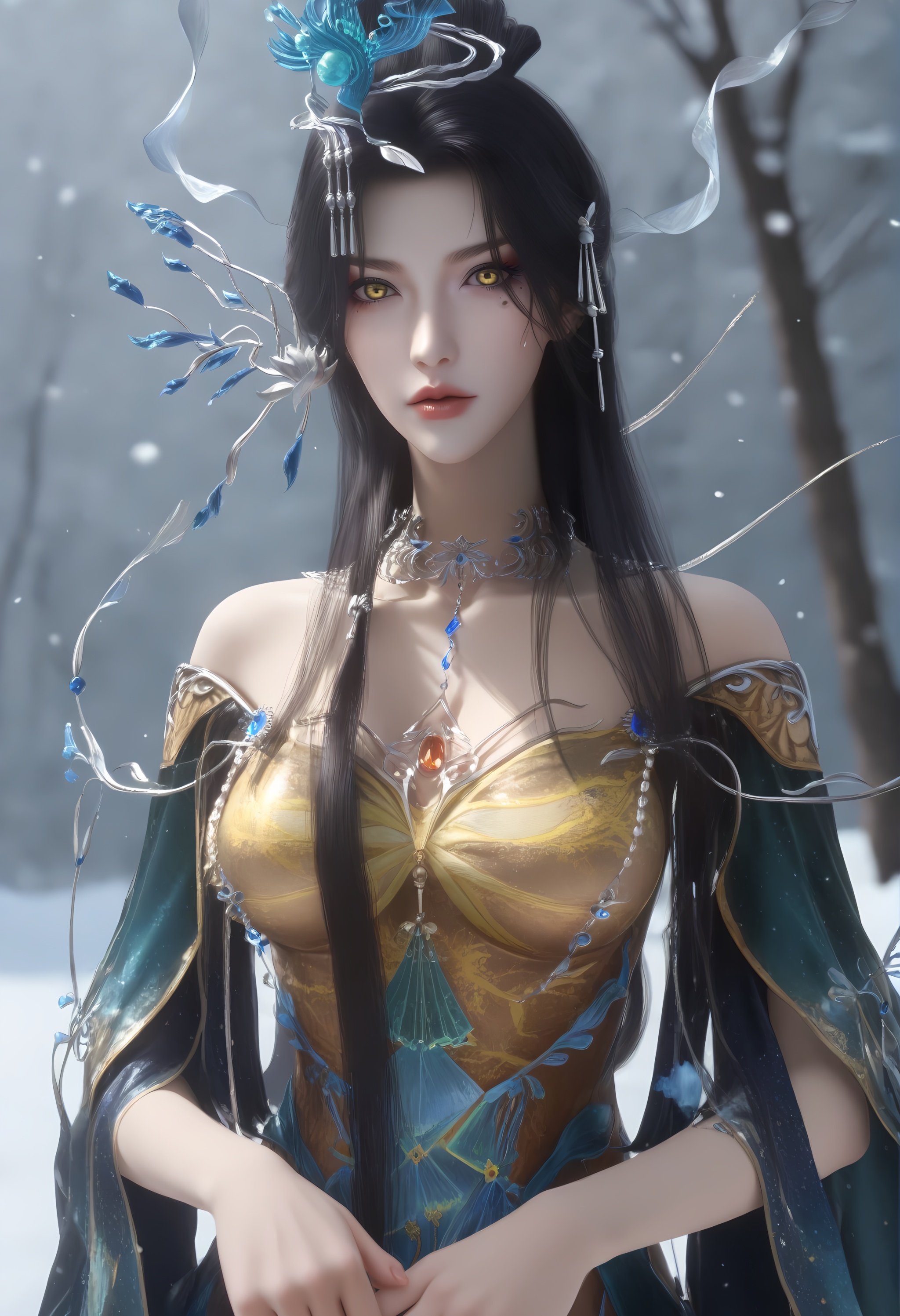(score_9),<lora:云望舒-apony-000009:0.83>,yunwangshu,1girl,solo,yellow eyes,long hair,hair ornament,black hair,updo,hair bun,mole under eye,eyeshadow,makeup,metal collar,chest jewel,detached sleeves,dress,<lora:Expressive_H-000001:0.8>,light blush,front view,looking at viewer,mature female,collarbone,pointy breasts,puffy breasts,((large teardrop breasts)),cleavage,<lora:e肤色滑块:0.35>,fair_skin,(pale_skin),(white_skin),light skin,ultra-detailed skin texture,detailed textures,BREAKsimple background,in snow,Tyndall effect,available light,depth of field,tree,snowflakes,branch,twig,4K ultra HD,sharp focus,high detail,natural lighting,high contrast,
