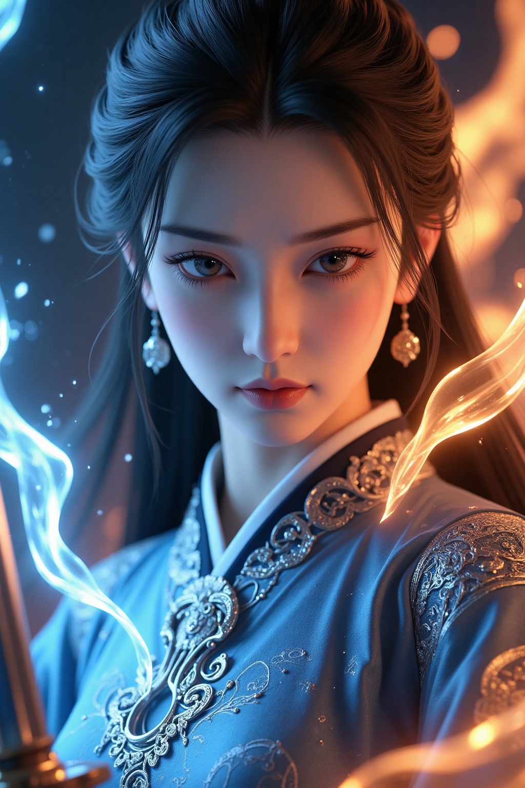 A 3D CG Chinese animation portrait of a determined female swordswoman, close-up, wearing an azure and silver hanfu with intricate embroidery. Shards of icy blue and glowing orange light swirl around her, highlighting her sharp gaze and delicate features. The highly saturated background transitions from cool blue to fiery orange, creating strong color contrast and spatial depth. Realistic skin and hair textures, elegant oriental details, cinematic lighting.cg