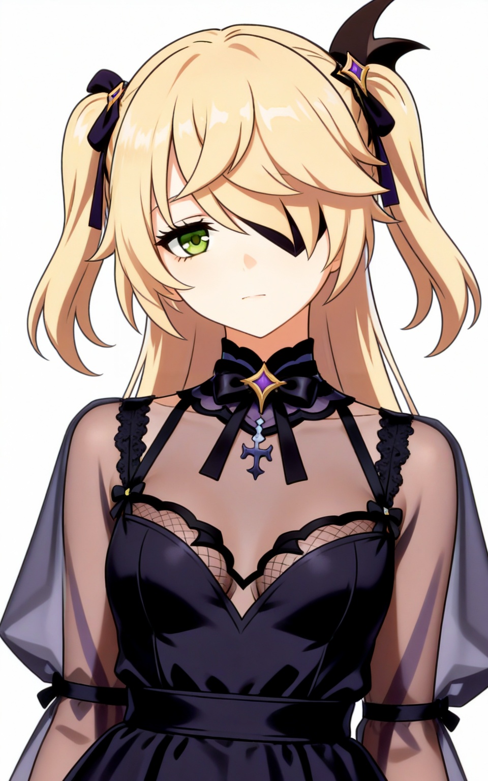 depth of field,masterpiece,best quality,very aesthetic,alternate costume,alternate costume,2024,2023,perfect composition,ultra-detailed,extreme aesthetic,masterpiece,best quality,good quality,newest,year 2024,year 2023,very aesthetic,absurdres,looking_at_viewer,colorful,white_background,simple background,upper_body,see-through,dress,<lora:菲谢尔·衣服百搭款ILL:0.8>,fischl \(genshin impact\),blonde hair,green eyes,hair_ornament,hair over one eye,eyepatch,two side up,black ribbon,black bow,long hair,