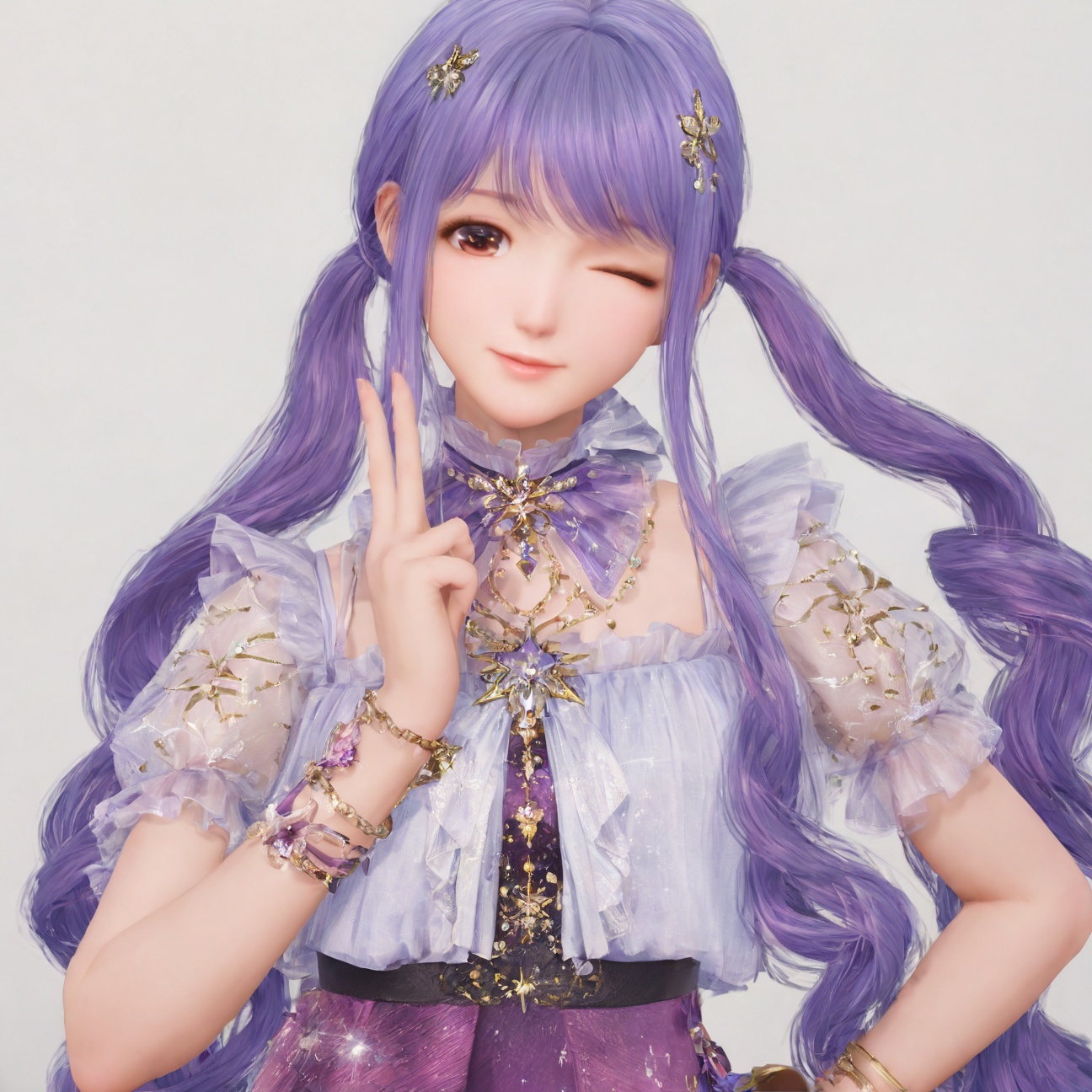 <lora:暖暖-缩小套:0.8>,nikki,1girl,twintails,jewelry,dress,blue hair,bracelet,hair ornament,brown eyes,short sleeves,purple hair,purple dress,(white background:1.5),looking at viewer,(head tilt:1.3),short sideburns,(very short sideburns),naughty face,v,one eye closed,long hair,no bangs,