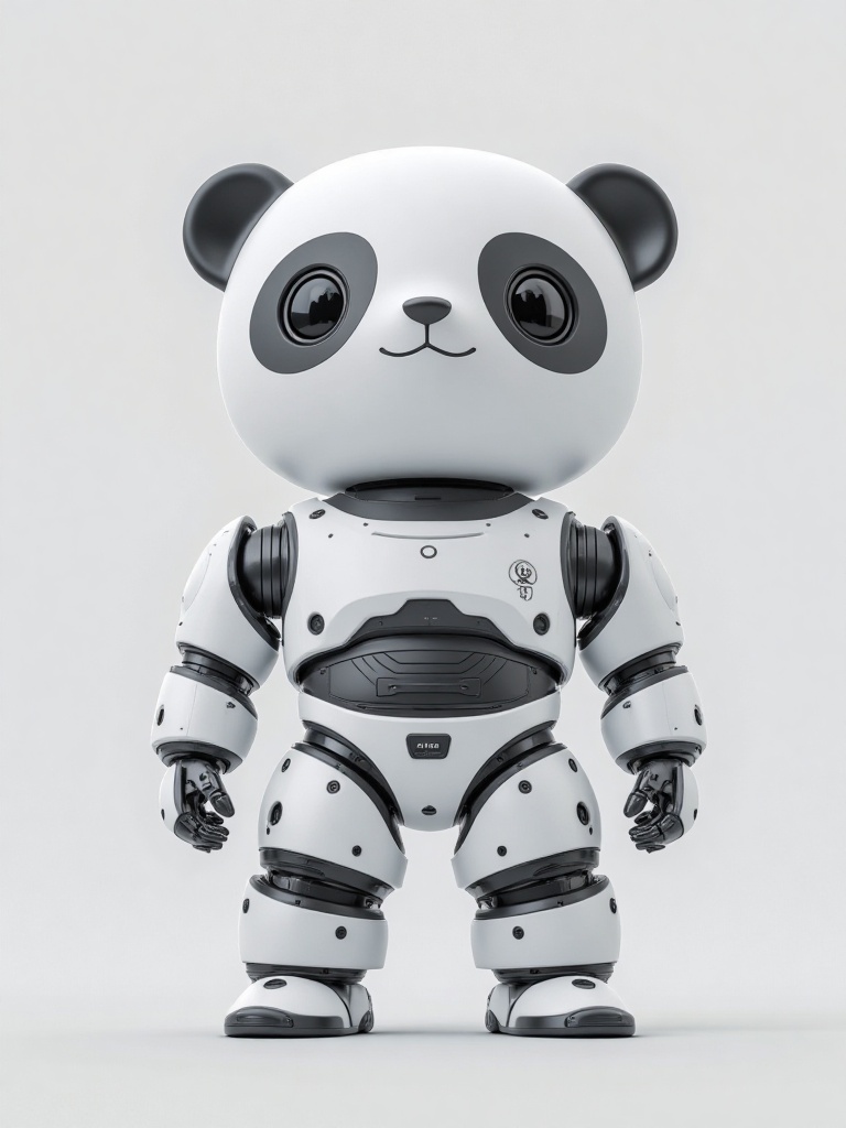 HIRO,A CGI-rendered image of a humanoid robot with a panda bear head, featuring large, round black eyes, a small black nose, and a smiling mouth. The robot has a white and black segmented body with mechanical joints, resembling a suit of armor. The background is a plain, light grey. 