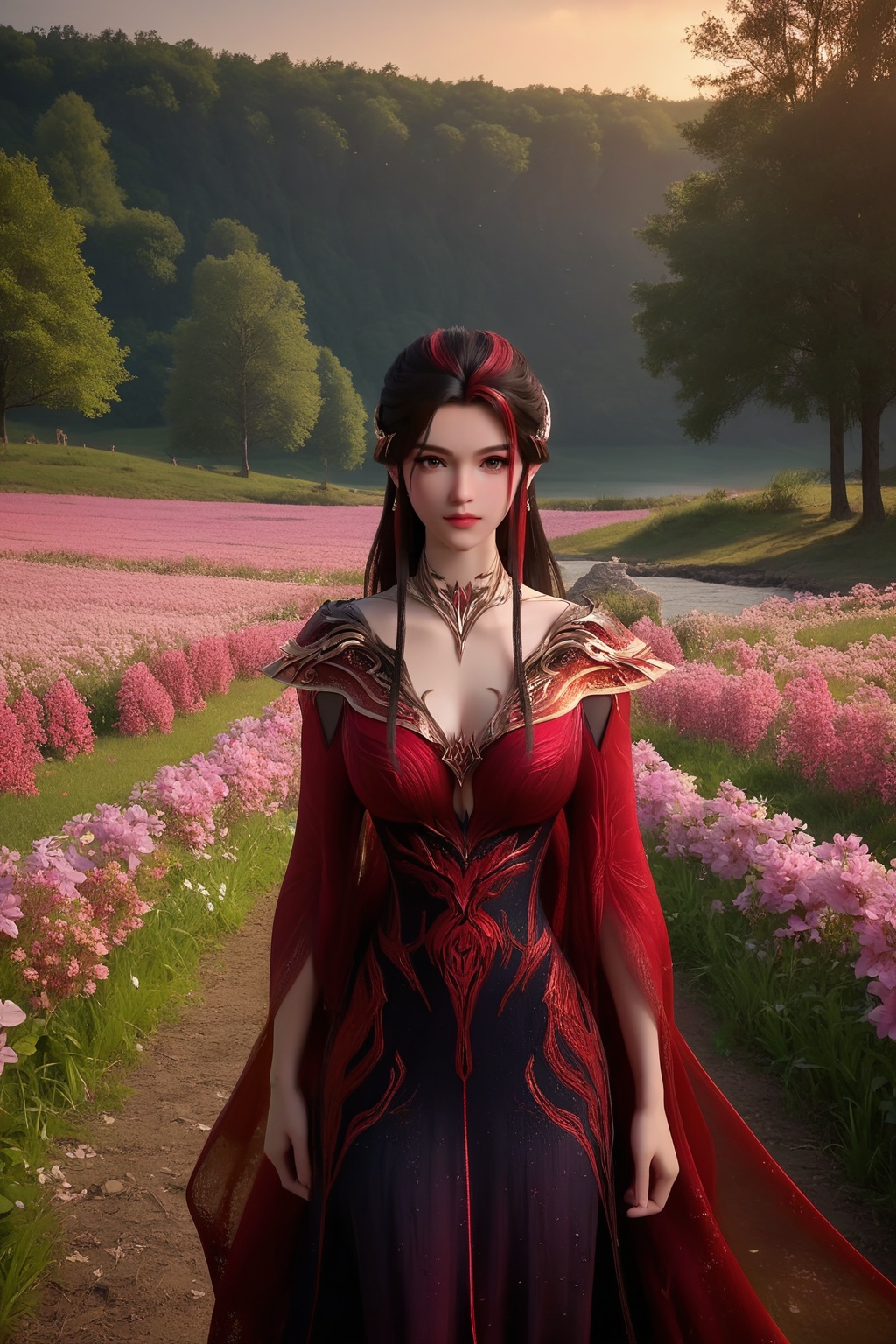(Standing in a field of wildflowers, she raises her arms, embracing the beauty of nature:1.2),looking at viewer,<lora:XL16神国之上赵襄儿皇服:0.85>,miss zhaoxianger,black corset evening gown with red embroidery,brown eyes,black hair,red streaked hair,very long hair,hair ornament,(large breasts:1.2),tree,flower,pink_flower,water,stone,flowers_Surrounded,pondel,, score_9,score_8_up,score_7_up,score_6_up,score_5_up,score_4_up,3d rendering,tag1,tag2, Cinematic Lighting,backlighting,