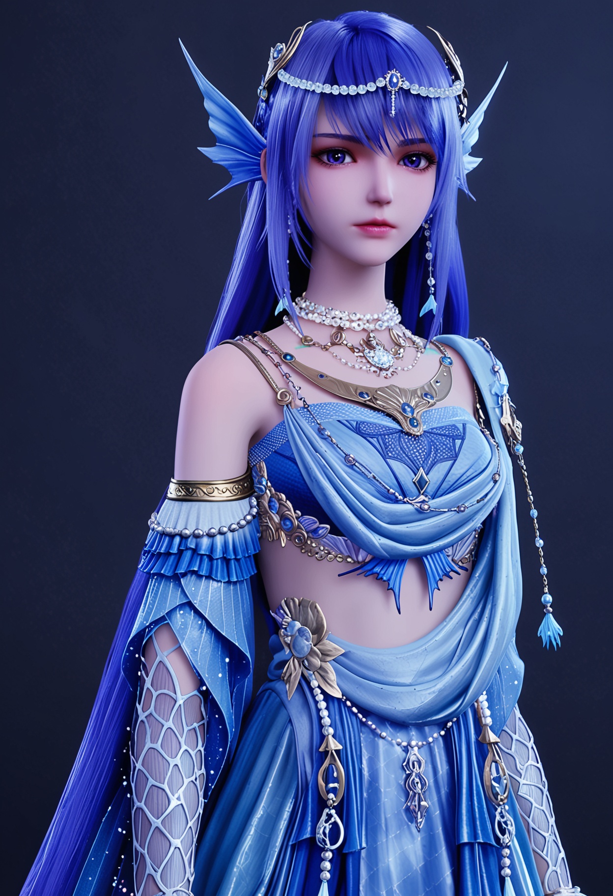 (upper_body:1.1),(looking at viewer:1.1),facing viewer,direct gaze,<lora:YQ_pony_shengcaier_fuzhuang5_V4:0.8>,q1528437228,1girl,solo,blue hair,jewelry,long hair,necklace,hair ornament,blue eyes,earrings,fins,head fins,dress,purple eyes,detached sleeves,blue dress,midriff,purple hair,beads,pearl necklace,skirt,bracelet,BREAK (white skin:1.1),(fair skin:1.1),(Ivory skin:1.1),(shiny skin),perfect anatomy,(simple background,pure black background,black background:1.1),