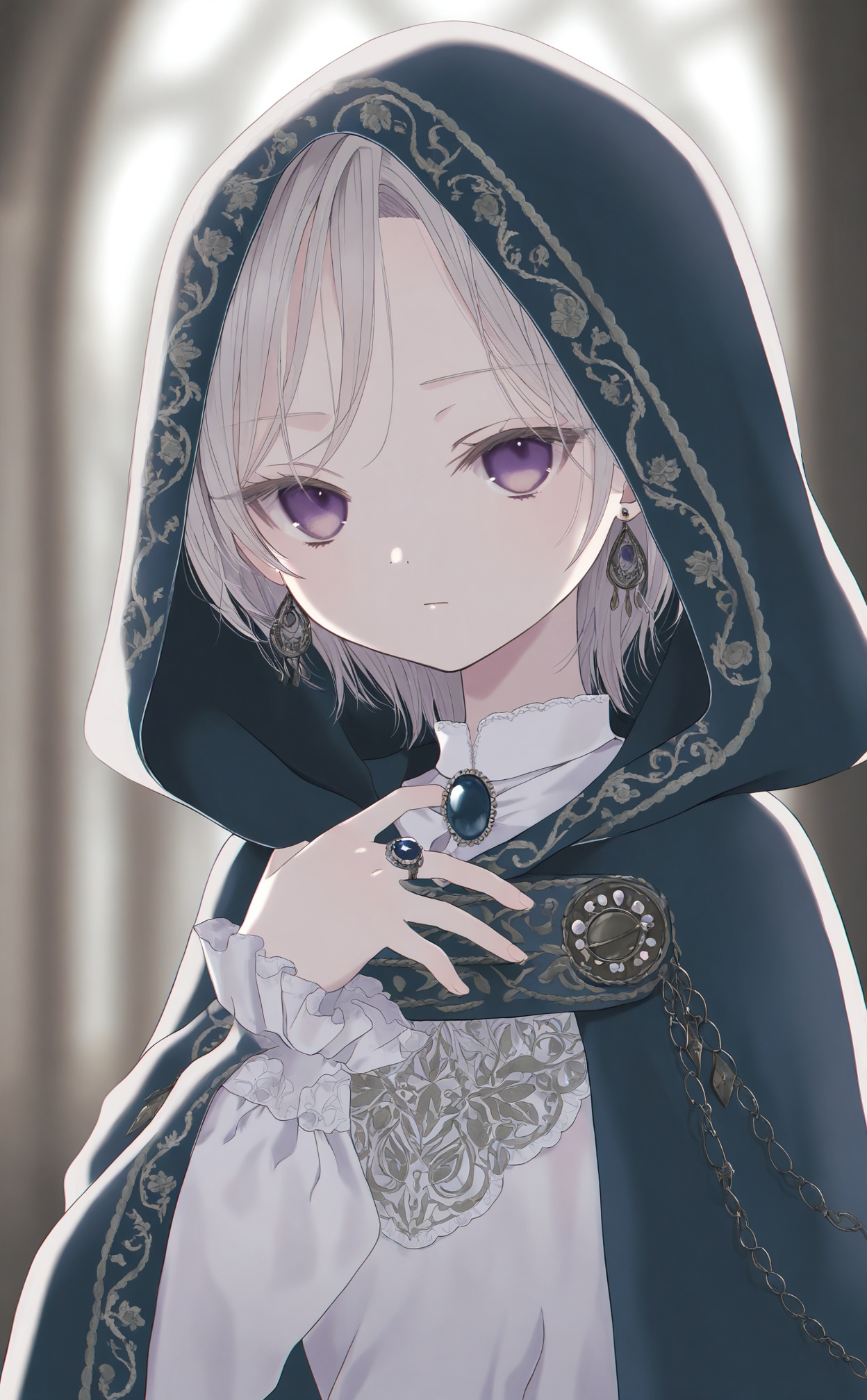 masterpiece,very aware,highres,absurdres,newest,best quality,loli,petite,high quality,chromatic_aberration,//,jewelry,solo,purple eyes,earrings,cloak,hood,hood up,ring,looking at viewer,long sleeves,upper body,androgynous,white hair,blue cloak,short hair,watermark,hooded cloak,1girl,gem,blurry,expressionless,blurry background,closed mouth,hand up,shirt,embroidery,grey hair,brooch,white shirt,//,<lora:paruno——【noob】hans:1>,