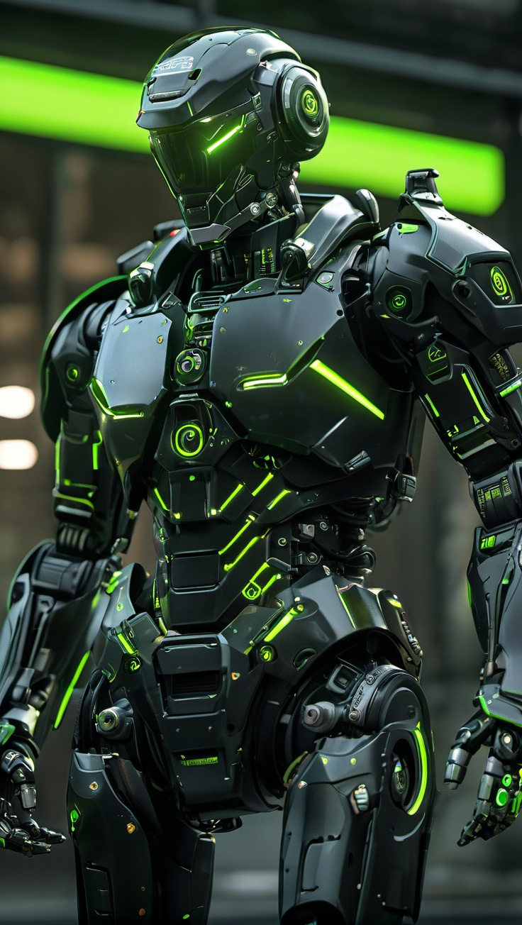 Full body close-up of the robot policeman,weapon,detailed,angular,mechanical,incredibly detailed,realistic ultra-fine rendering,black and fluorescent green color scheme,game art,metal materials,spotlight,Canon EOS R50,highly detailed,ultra-high resolutions,32K UHD,best quality,masterpiece,