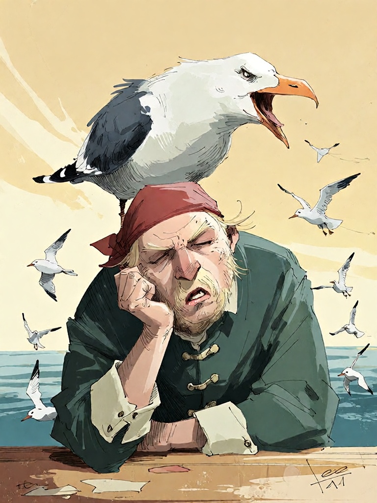 Bradhamel art style.A detailed illustration of a grumpy,  bearded man with a red bandana and a dark green coat,  seated at...