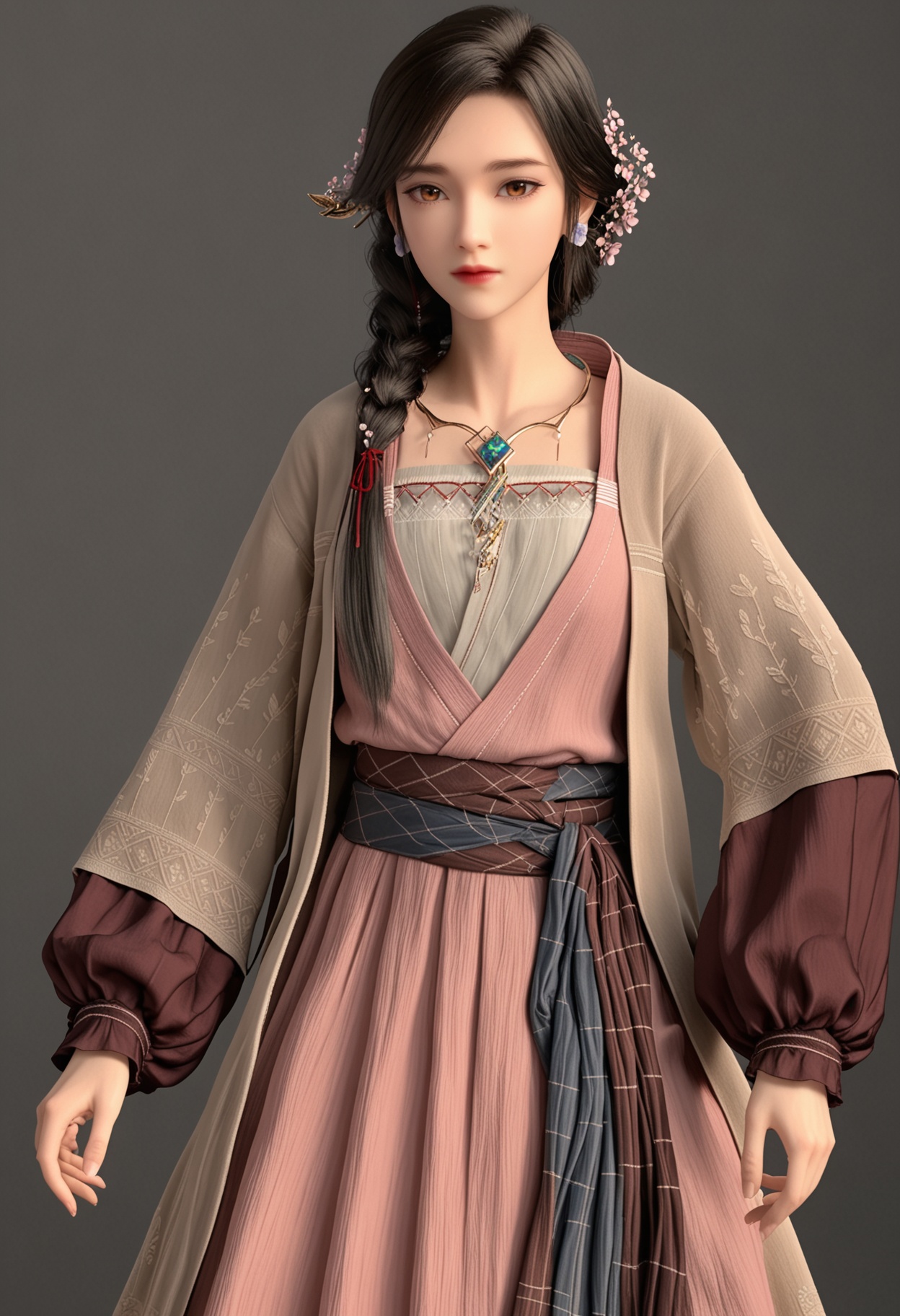 (cowboy shot:1.2),(looking at viewer:1.1),facing viewer,direct gaze,<lora:YQ_pony_yingmo_V4:0.8>,q1528437228,1girl,solo,jewelry,long hair,hair ornament,earrings,braid,brown hair,brown eyes,hair flower,necklace,black hair,dress,long sleeves,single braid,BREAK simple background,pure black background,black background,perfect anatomy,