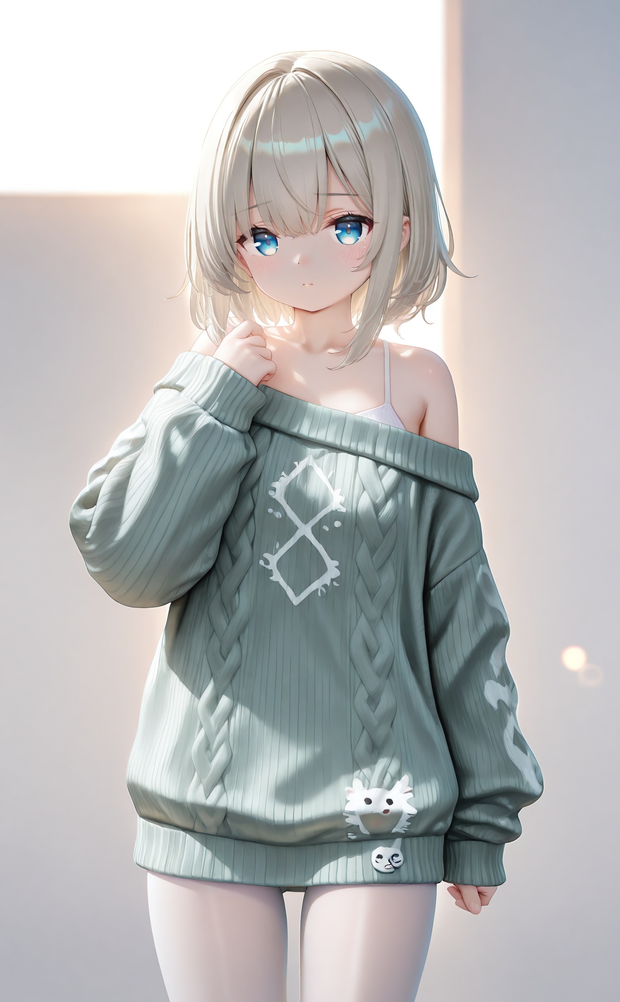 , //, white_background,cowboy_shot,off_shoulder_sweater, white_pantyhose, soft_knit, cozy_style //, year_2023,year_2024,buzhidao228 style, //, official art,depth of field,detailed light,blurry background,cinematic lighting,ray tracing,ultra detailed,god rays,backlighting,photo background,chromatic aberration,volumetric lighting,depth of field,blurry background,cinematic lighting,very aesthetic,,//,<lora:228zjlt——【CKXL】hans:0.8>,