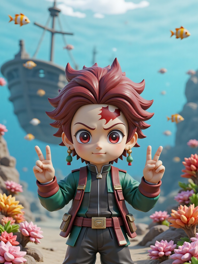 3D Tanjiro is a 3D model of Kamado Tanjiro in Demon Slayer. 3D Tanjiro has a distinctive flame - shaped scar on his left forehead, wears hanafuda earrings (red - green color scheme), and has messy dark red hair with wine - red tips. 3D Tanjiro is wearing a diving suit, goggles, and a snorkel, making a victory sign with his hands, with a happy smile on his face, exploring the underwater world.The scene is a beautiful underwater world. There are colorful corals around, and various tropical fish are swimming. There is an ancient sunken ship in the distance.