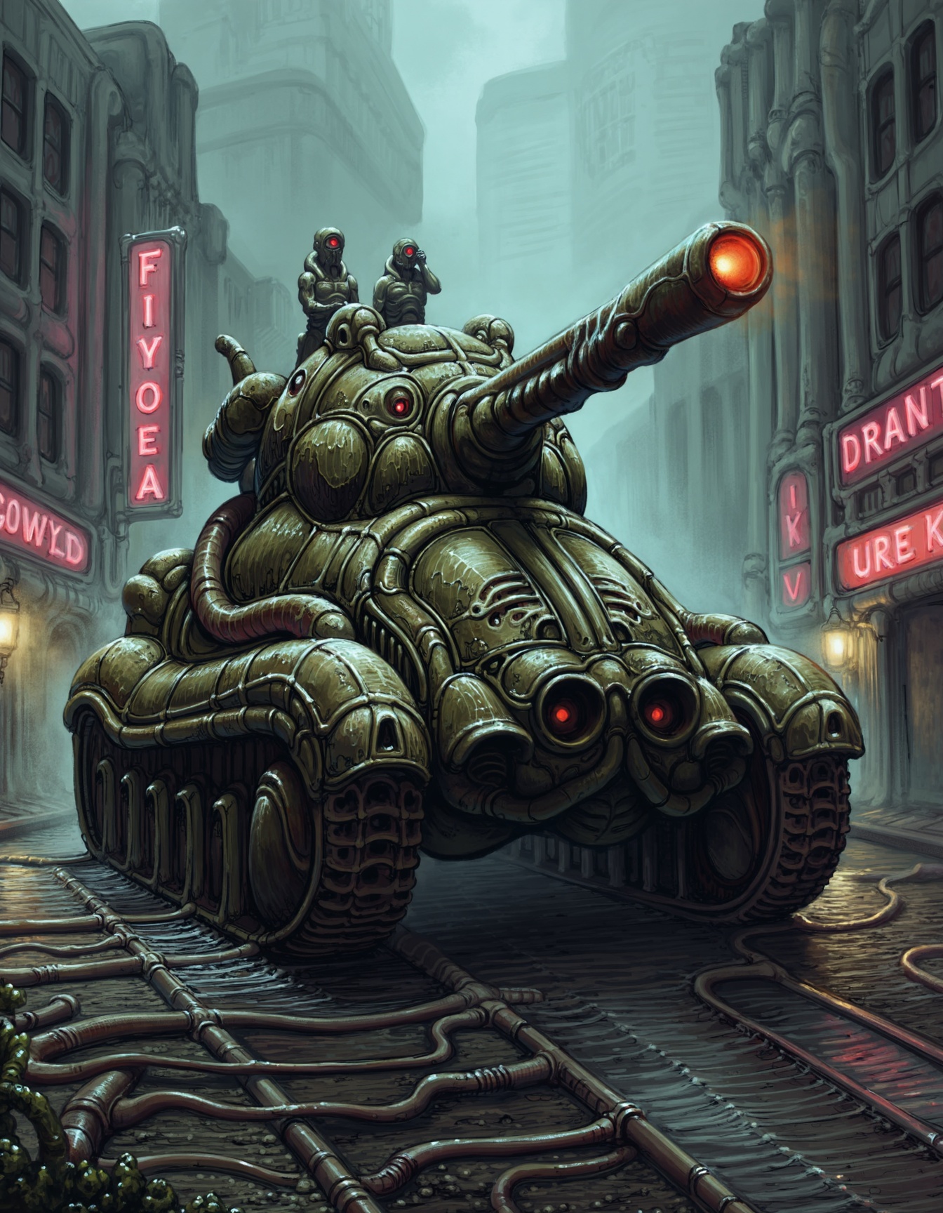 A monstrous biomechanical **** rolling through a rainy cyberpunk street in style of AITB_FLUX_scorn .The **** is alive — i...