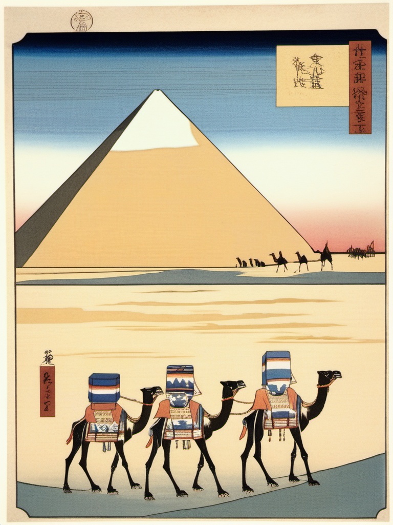 Xgechuanguangchong, Egyptian Pyramids from an ukiyo - e perspective. Khufus Pyramid in ochre, desert sand in fine patterns. Three camel caravan members in Arab attire, turbans integrated with Hiroshige - style cloud motifs. An orange - red sun sets in the top left, casting long shadows for dramatic contrast.