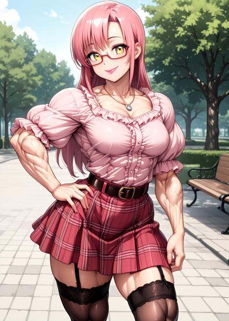 1girl, katsura hinagiku, muscular female, semi-rimless eyewear, makeup, lipstick, full lips, necklace, dark pink frilled shirt, plaid skirt, thighhighs, garter straps, belt,park, hand on own hip, closed smile,, masterpiece,best quality,amazing quality,