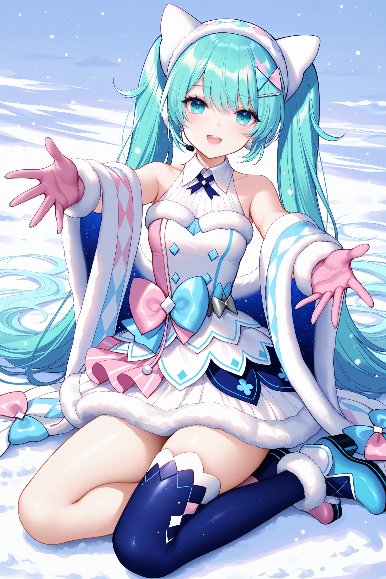 masterpiece,best quality,newest,absurdres,highres,soft shadows,photorealistic,(bison cangshu:0.5),(fuzichoco:0.6),(rimuu:0.5),(mignon:0.5),(sheya:0.6),<lora:MMM2020winterXLNAI:1>,magical mirai miku \(2020 winter\),hairclip,shawl,hairband hair ornament,fur trim,fur-trimmed gloves,fur-trimmed dress,white dress,single thighhigh,blue thighhighs,mismatched footwear,fur trim footwear,yokozuwari,thick thighs,full body,snow,spread arms,
