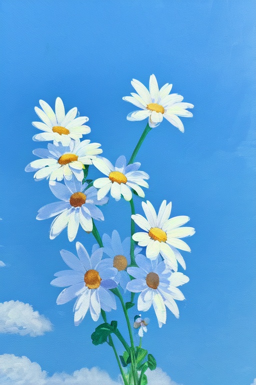 (best quality),(masterpiece),(ultra-detailed),illustration,8k wallpaper,best illustration,acrylic painting,no humans,flower,sky,still life,scenery,white flower,cloud,blue sky,daisy,day,outdoors,leaf,plant,blue background,cloudy sky,<lora:acrylic_painting-000010:1>,