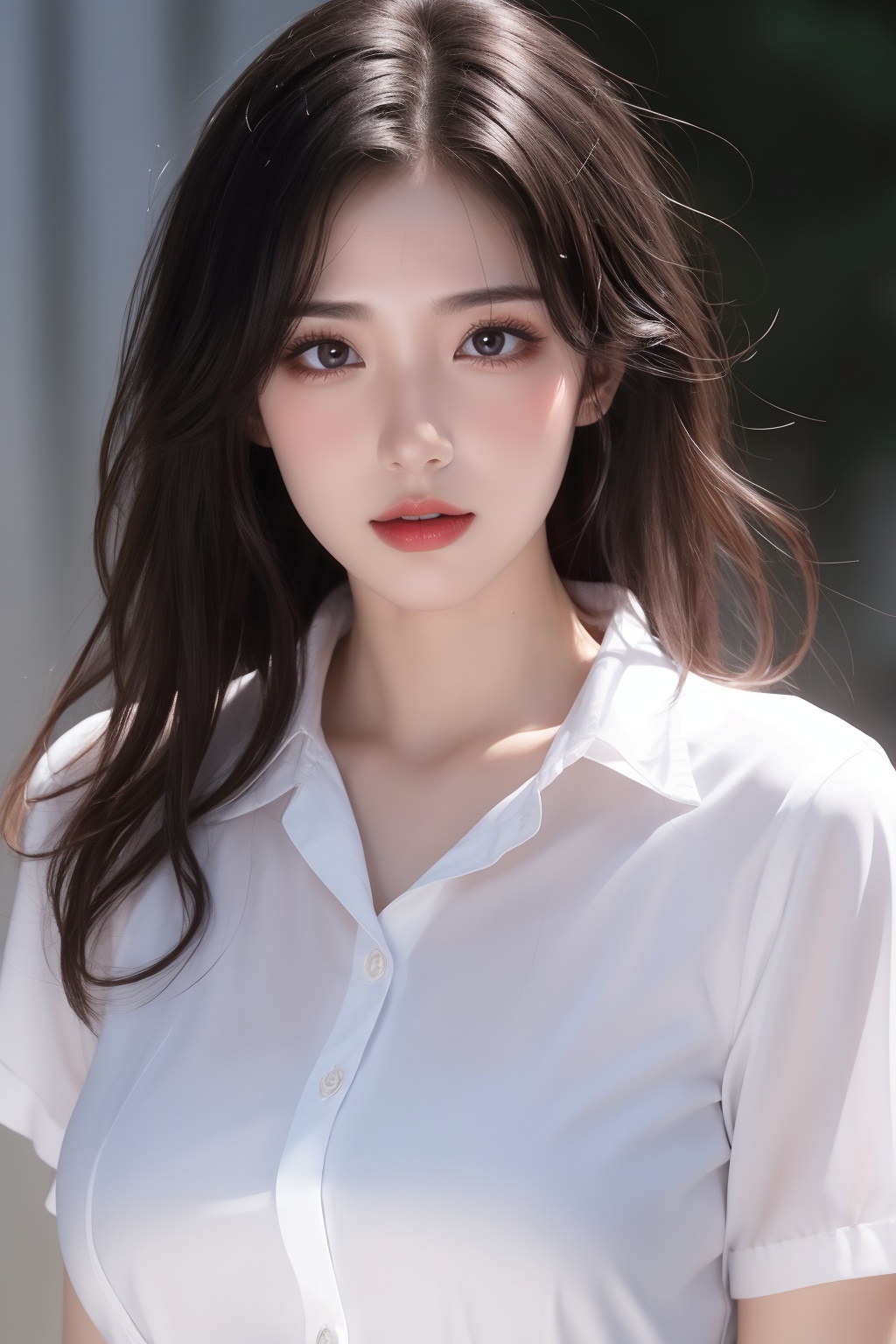 1girl, black hair, bra, bra visible through clothes, breasts, brown eyes, collared shirt, large breasts, lips, long hair, looking at viewer, nose, photorealistic, realistic, see-through, shirt, short sleeves, solo, underwear, upper body, wet clothes, wet shirt, white shirt, wing collar <lora:美女:0.8>