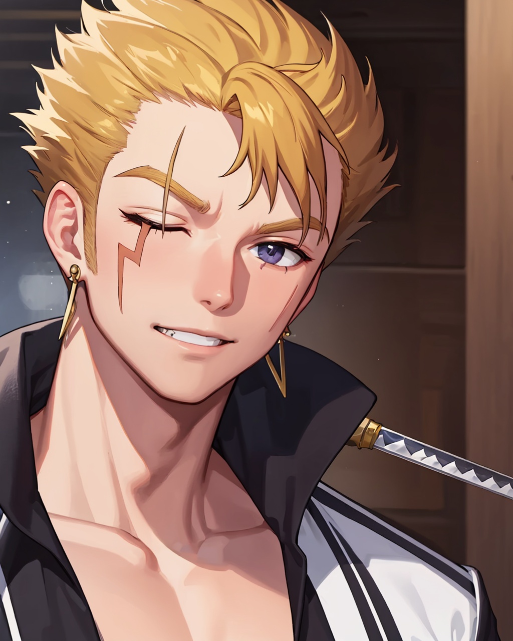 masterpiece,best quality, highly detailed, laxus dreyar,scar across eye, male focus, 2boys, scar on face, solo focus, smile, single earring, one eye closed, close-up, long sideburns, pectorals, sword, horns,<lora:laxus_dreyar:1>