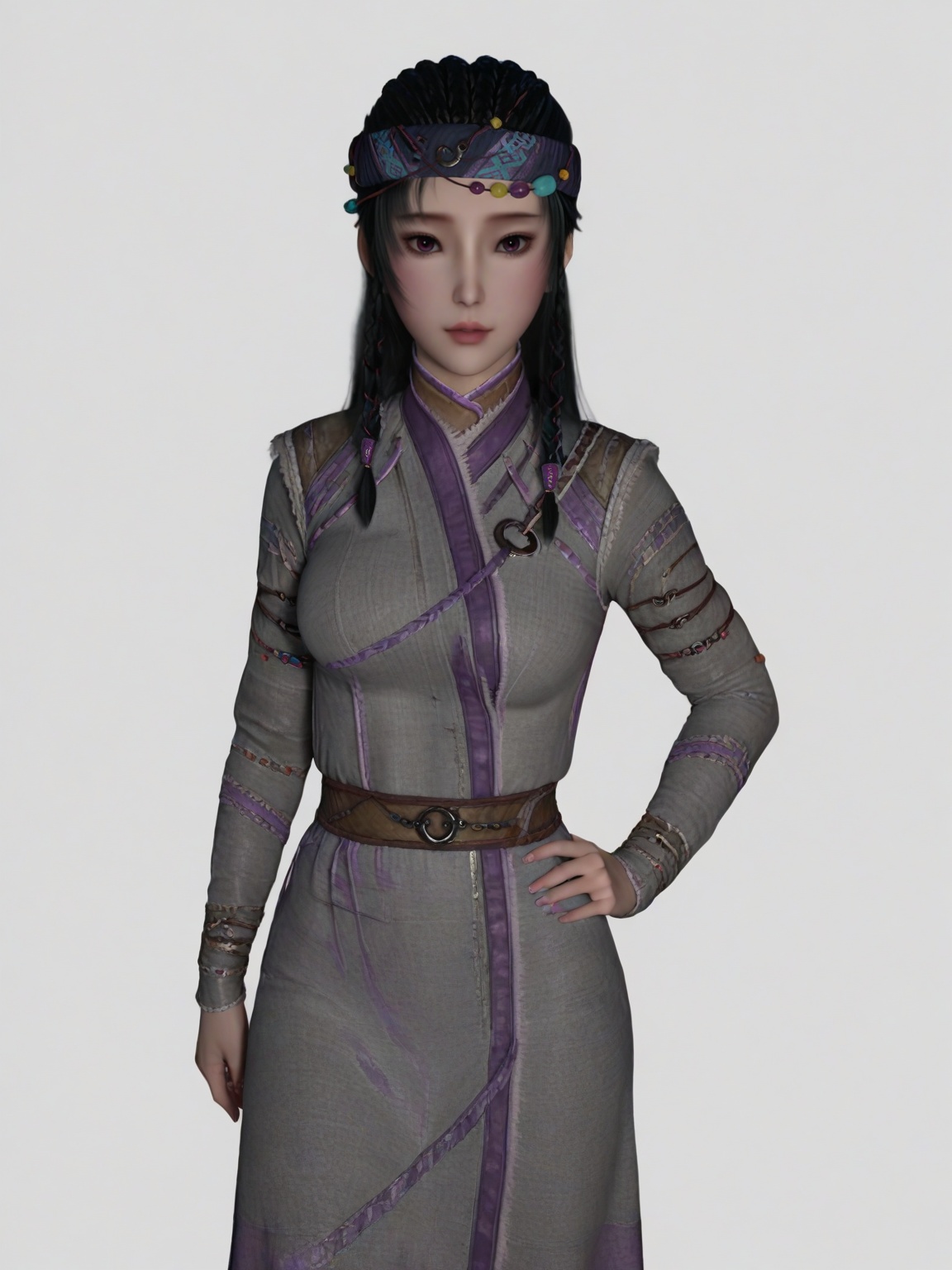score_9,<lora:SF_JiangChen_ShaoNv_Pony_Realism2.3-000004:0.7>,1girl,solo,dress,black hair, large breasts,multiple braids,long sleeves,lipstick,headband,hair ornament,standing,looking at viewer,white background,