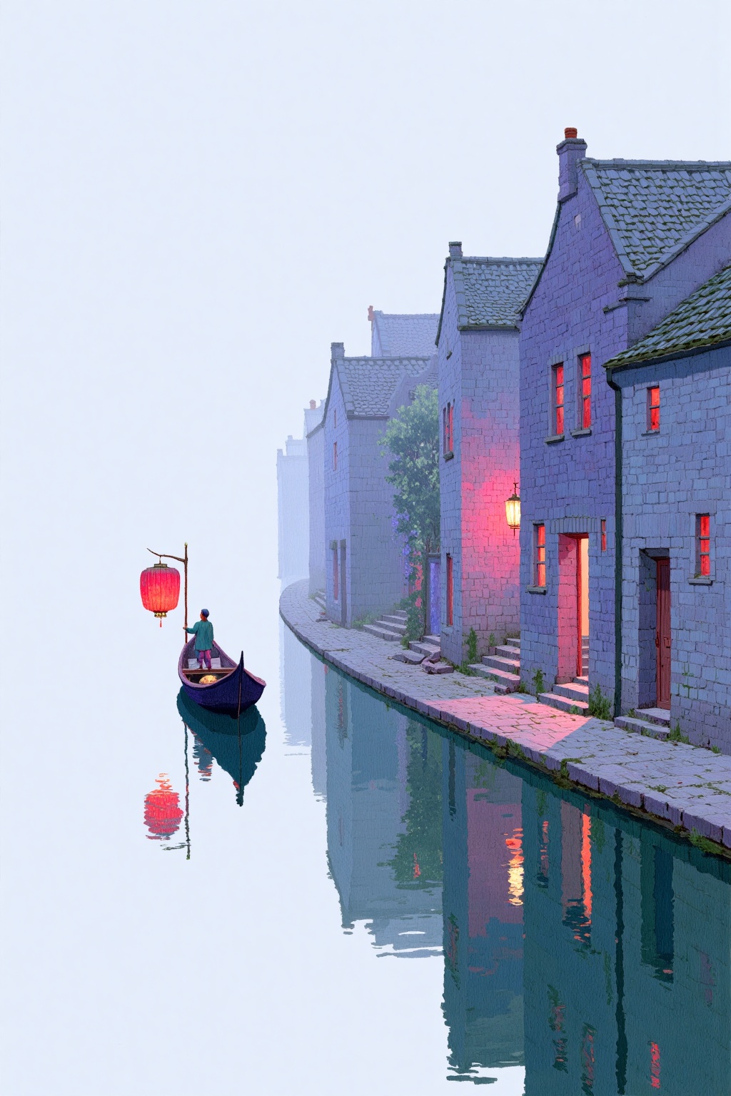 beijihui,Captured at eye-level,a vibrant painting of a gondola on a body of water with a red lantern hanging from a pole on the left side of the boat. The boat is floating on the water's edge,with the reflection of the light reflecting off the surface of the water. To the right of the painting,a row of gray brick buildings with red doors and windows are visible. The building on the right has a chimney on the top of the building. The sky above the buildings is hazy and foggy.,