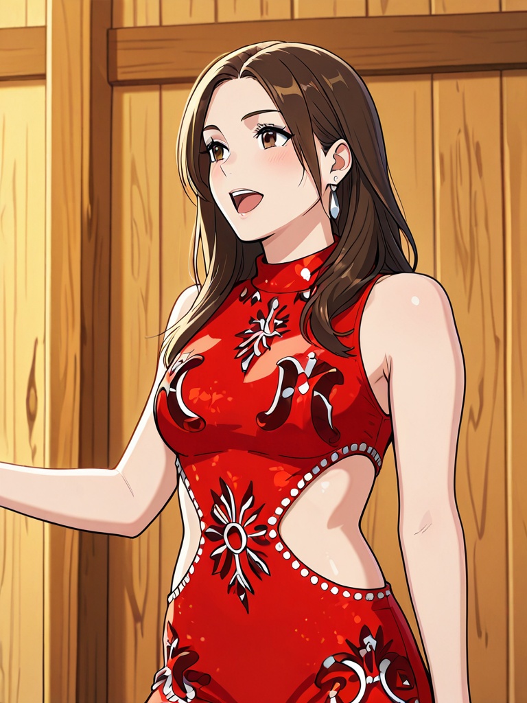 three-quarter view a beautiful young brunette woman with deep brown eyes wearing a sexy red cutout jumper,  singing on sta...