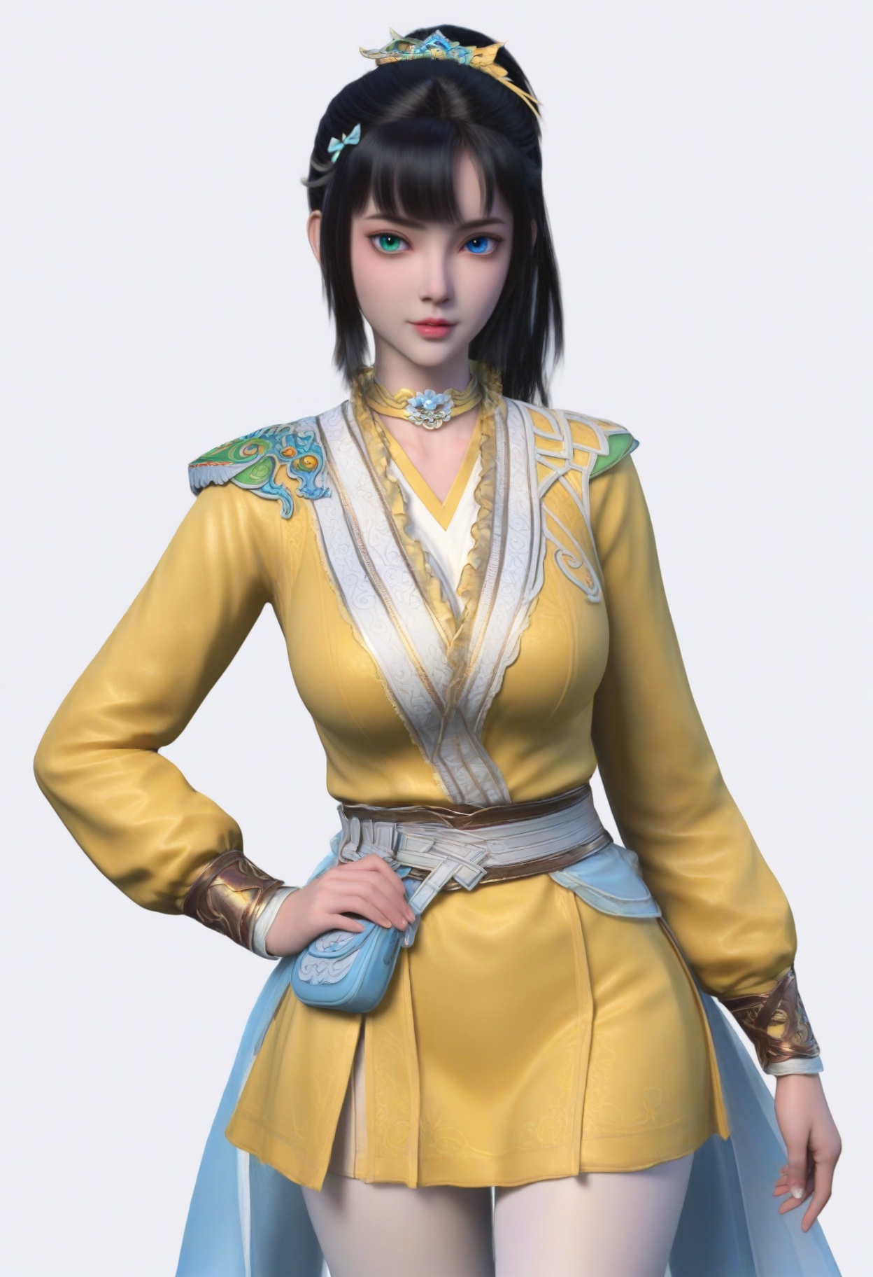 score_9,<lora:SF_SiKongQianLuo_Pony_Realism2.3-000003:0.7>,1girl,solo,bangs,heterochromia,green eyes,blue eyes,black hair,yellow clothes,large breasts,yellow dress,white pantyhose,standing,looking at viewer,white background,