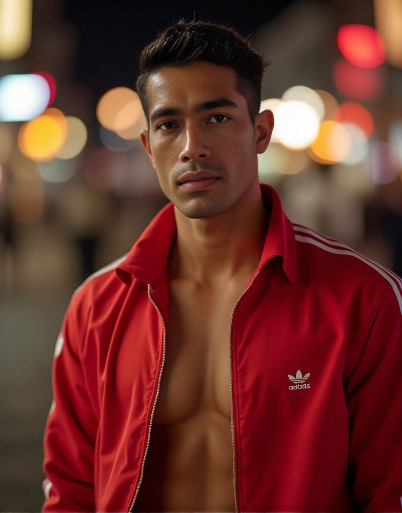Harman Singha ,  realistic photo in a worn ((skin-revealing skimpy erotic red tracksuit. massive pecs)). big pecs. big arm...