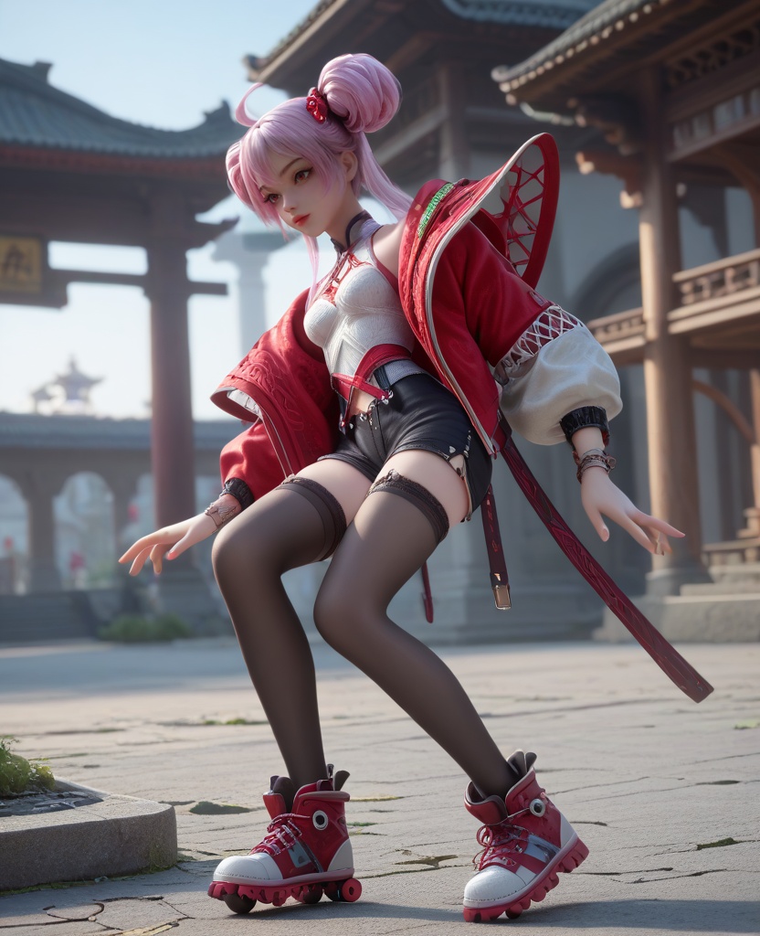 (oriental architecture, elegant decor, sophisticated style:1.1),(skateboarding moves:1.1),(breasts:1.2),<lora:XL16克金玩家炙珠:0.95>,teenage girl,open red jacket,white corset,red eyes,red lips,pink hair,ahoge,double bun with front strands,hair ornament,black short shorts,mismatched thighhighs,bracelet,sneakers,, score_9,score_8_up,score_7_up,score_6_up,score_5_up,score_4_up,3d rendering,tag1,tag2, Cinematic Lighting,backlighting,, zPDXL3, zPDXL2,zPDXL, zPDXLxxx, zPDXLrl,