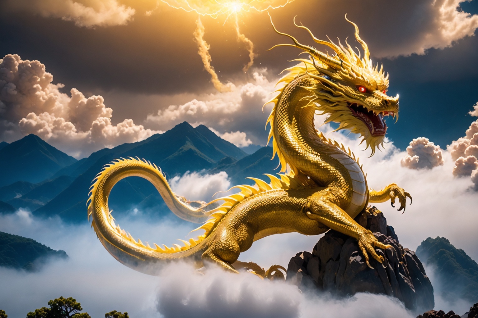 chinesedragon,golden dragon,full body,dragon,no humans,eastern dragon,mountain,cloud,sky,glowing eyes,glowing,open mouth,red eyes,fangs,fly in the sky,cloudy sky,dragon claw,bristles,manes,<lora:ChineseDragon_v1:1>,