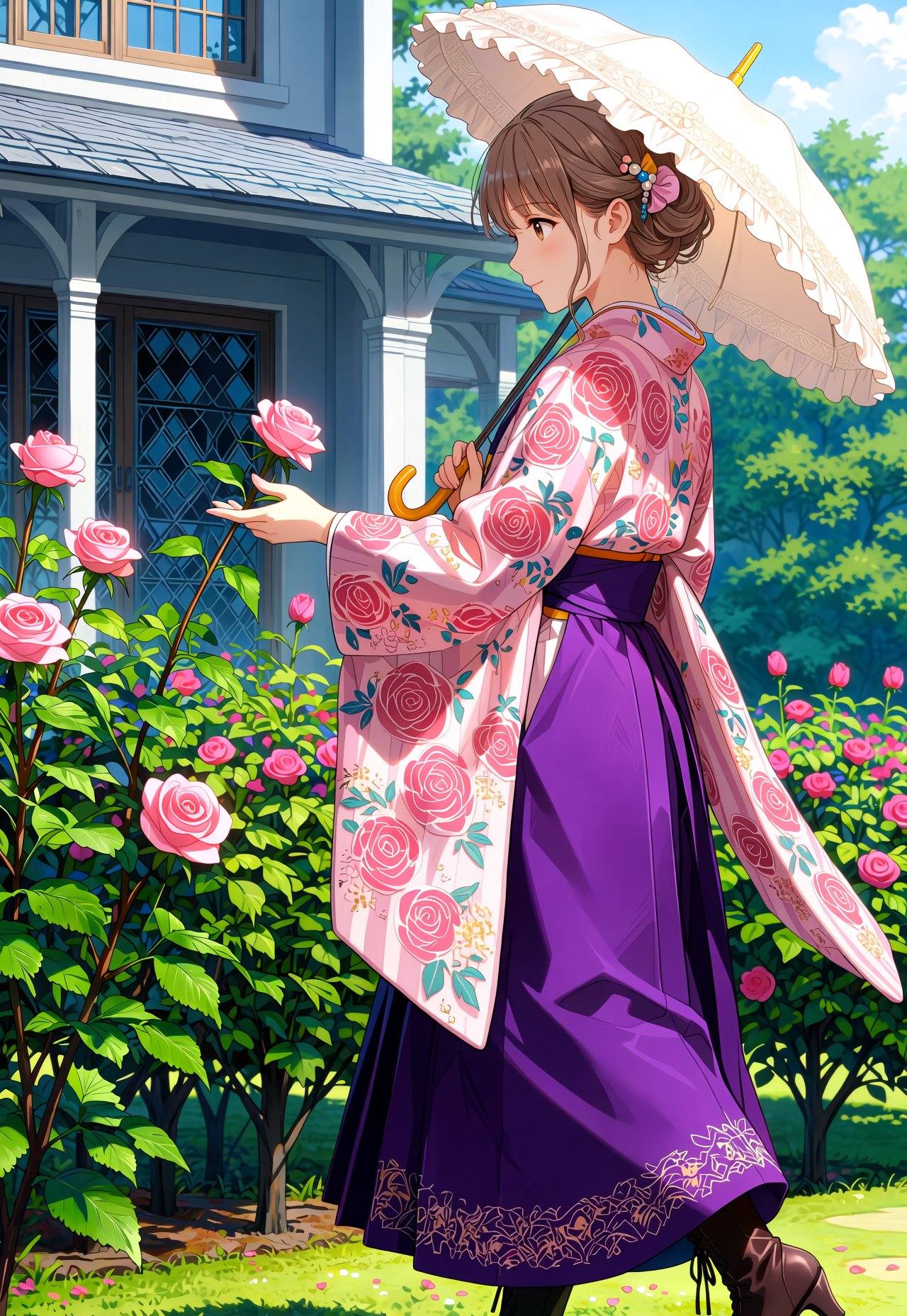 A fashionable girl in a Taisho romantic kimono walks slowly through a Western-style rose garden near a manor house. Her ou...