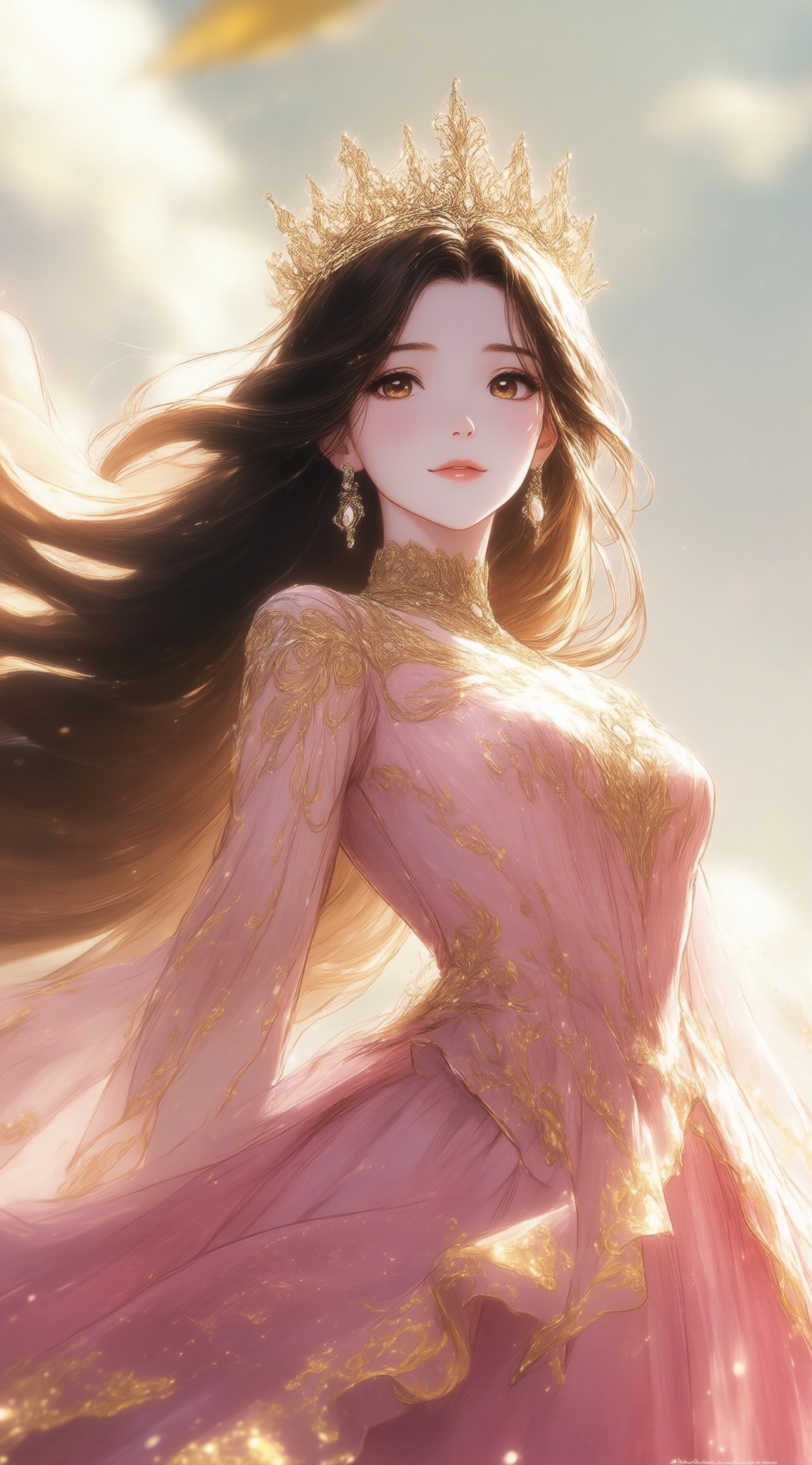 a digital illustration shoot from below about a beautiful woman with long flowing hair wearing a pink and gold dress,adorned with a crown and jewelry,the image also shows a serene and elegant atmosphere,on the middle of the image,a young woman appears to be in her early twenties,with light skin and brown hair styled in long hair,she is facing the viewer,looking directly at them with a gentle expression,her eyes are a warm brown color,and she has a closed mouth and parted lips,giving off a sense of serenity,her hair is parted in the middle,and her body is slim,she wears a pink dress with gold embroidery and a crown on her head,along with a pair of earrings,the background is a soft,blurred sky with a warm,golden light,giving the image a dreamy and ethereal feel,the woman is positioned in the center of the frame,with her upper body visible,and the image has a high-quality,detailed style with vibrant colors and intricate patterns,, Negative prompt: ng_deepnegative_v1_75t,(badhandv4:1.2),EasyNegative,(worst quality:2),,nsfw, Steps: 30, Sampler: Euler, CFG scale: 4.0, Seed: 1505698634, Size: 1142x2048, Model hash: 98763a1277, Model: Qwen-Image_1.0.safetensors, Denoising strength: 0, RNG: CPU, Lora 1: ZOZ_漫梦琉璃05~QWEN, Lora Hash 1: 5b64907f40, Lora Weight 1: 0.8, vae_name: automatic