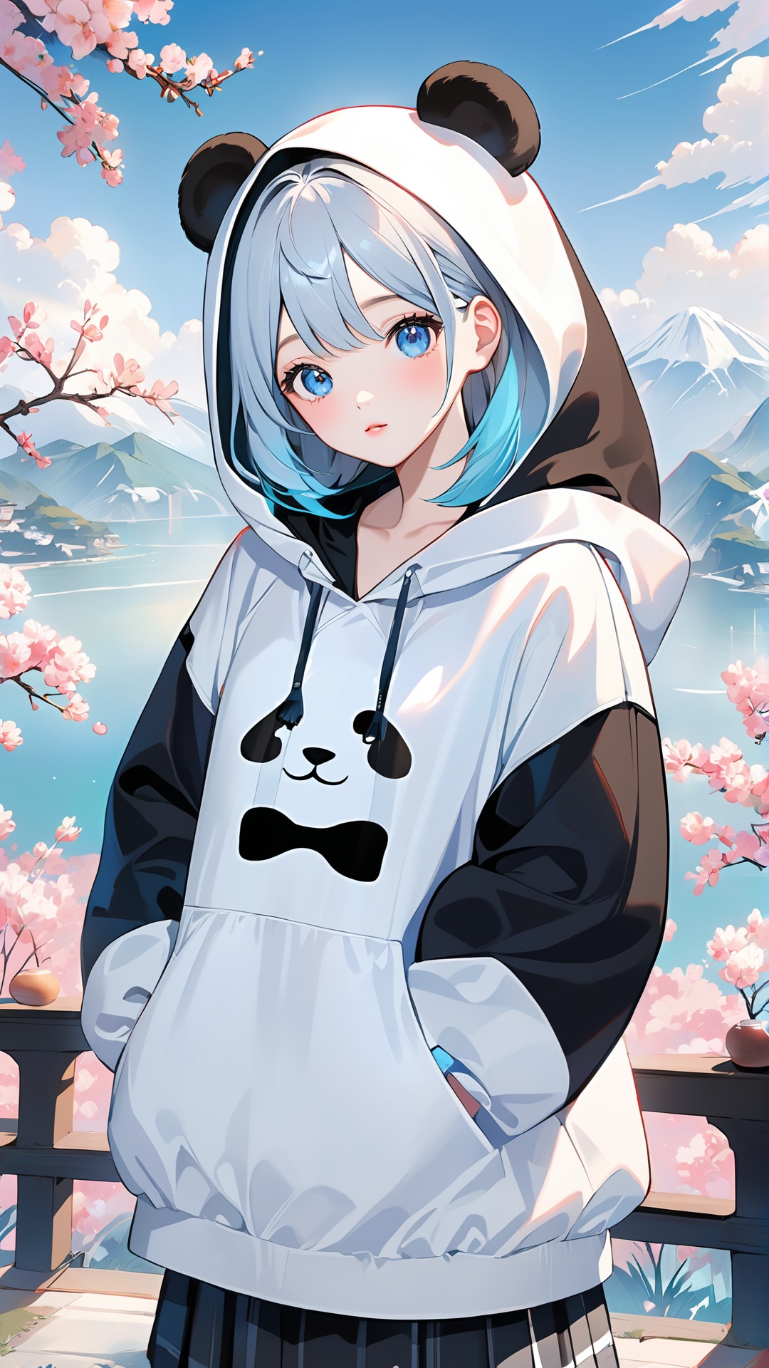 , (exceptional,best aesthetic,new,newest,best quality,masterpiece,extremely detailed,anime:1.2),woman,large hoodie with giant panda,sweet,white ombre hair,blue eyes,hood,black and white,big fat panda background, ulzzang-6500-v1.1 , <lora:girlhandfix:0.3>