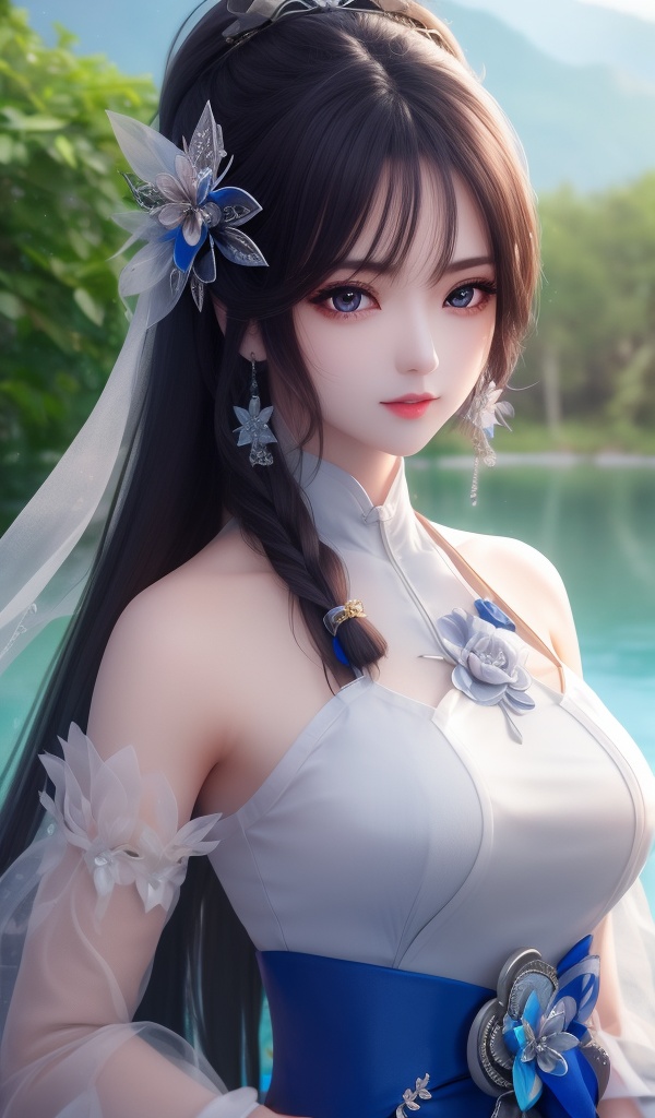 (,1girl, ,best quality, ),looking at viewer, <lora:381-DA-武动乾坤-绫清竹-新模:0.8> ,ultra detailed 8k cg, ultra detailed background,  ,masterpiece, (( , )) ,tamari \(flawless\),lake,upper body,   (()), (),
