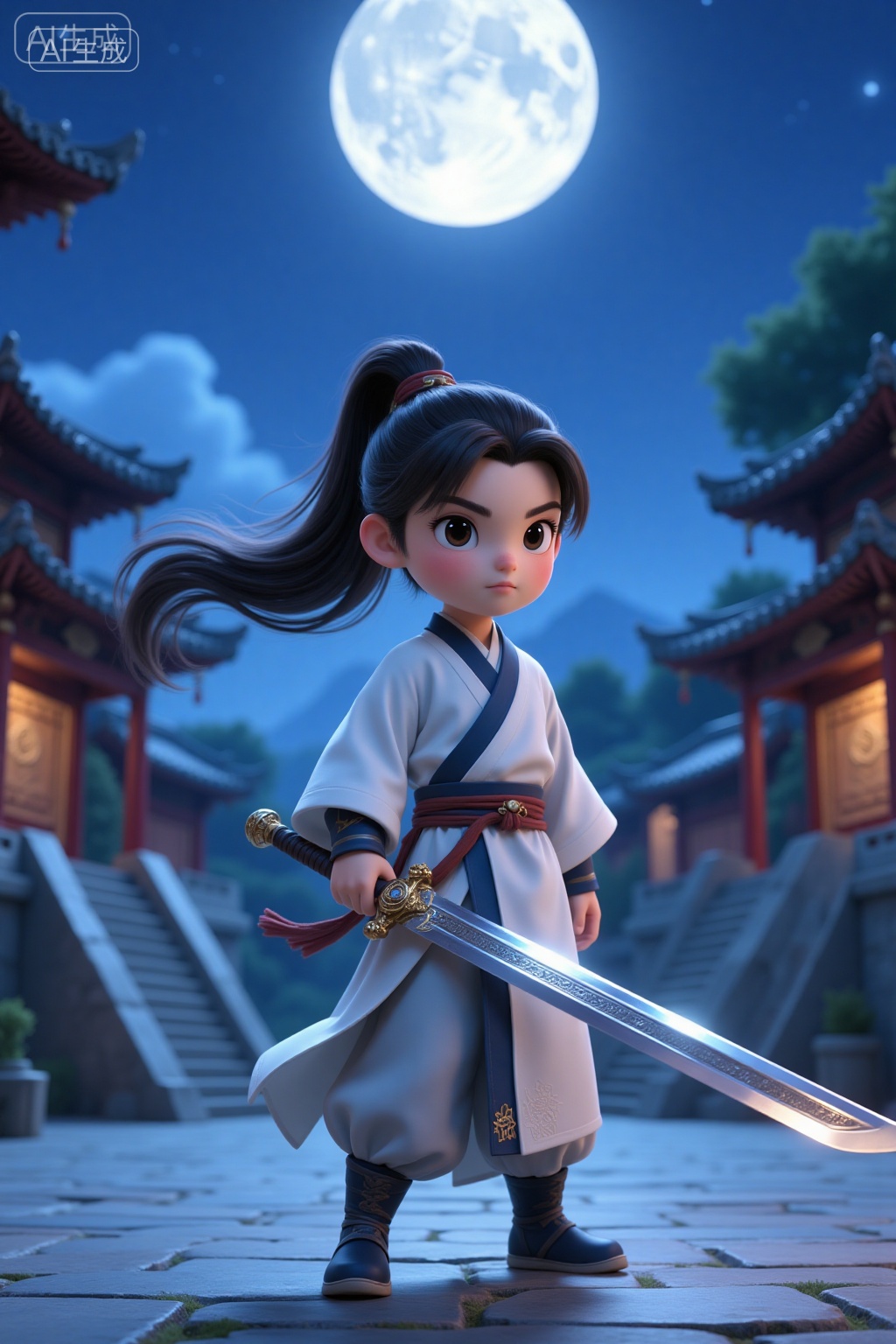 A CGI image of a young anime-style character,a determined-looking Asian boy with long black hair in a high ponytail,wearing traditional Chinese martial arts attire,holding a gleaming katana. He stands in a moonlit courtyard with traditional pagodas and stone steps. The night sky is clear,with a full moon overhead.,, Negative prompt: ng_deepnegative_v1_75t,(badhandv4:1.2),(worst quality:2),badhandv4,,nsfw, Steps: 20, Sampler: Euler, CFG scale: 3.5, Seed: 2169149356, Size: 1024x1536, Model hash: 8cba4f1ef4, Model: F.1基础算法模型-哩布在线可运行_F.1-dev-fp8.safetensors, Denoising strength: 0, RNG: CPU, Lora 1: 20250906-1757172058930-0005, Lora Hash 1: 441438c536, Lora Weight 1: 0.8, vae_name: automatic
