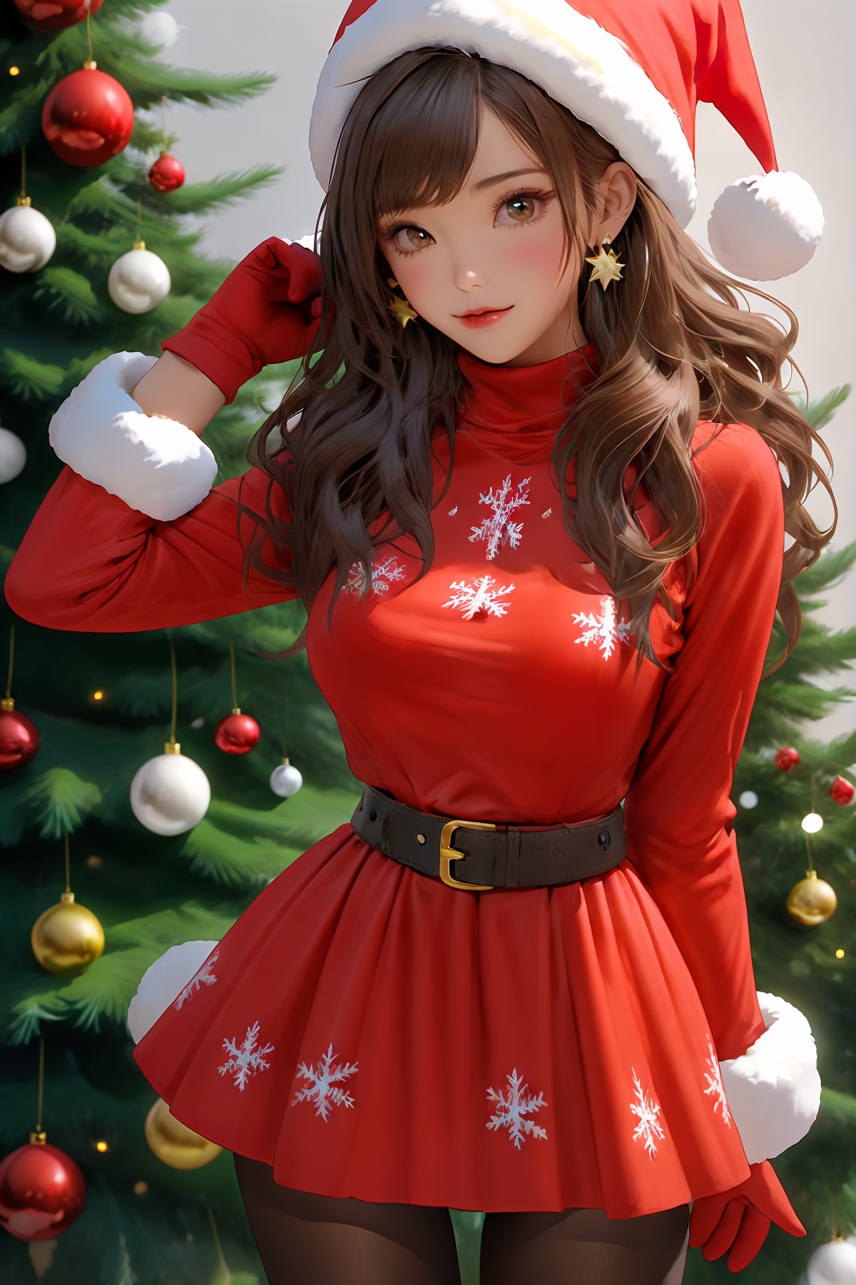 1girl,solo,hat,pantyhose,jewelry,santa hat,christmas,dress,christmas tree,earrings,looking at viewer,belt,long hair,fur trim,gloves,long sleeves,fur-trimmed dress,cowboy shot,fur-trimmed headwear,brown eyes,breasts,red gloves,red headwear,black belt,red dress,star (symbol),brown hair,brown pantyhose,santa costume,arm behind back,standing,hand up,turtleneck,medium breasts,black pantyhose,forehead,christmas ornaments,santa dress,sweater,belt buckle,<lora:shengdan:0.6>,normal fingers,
