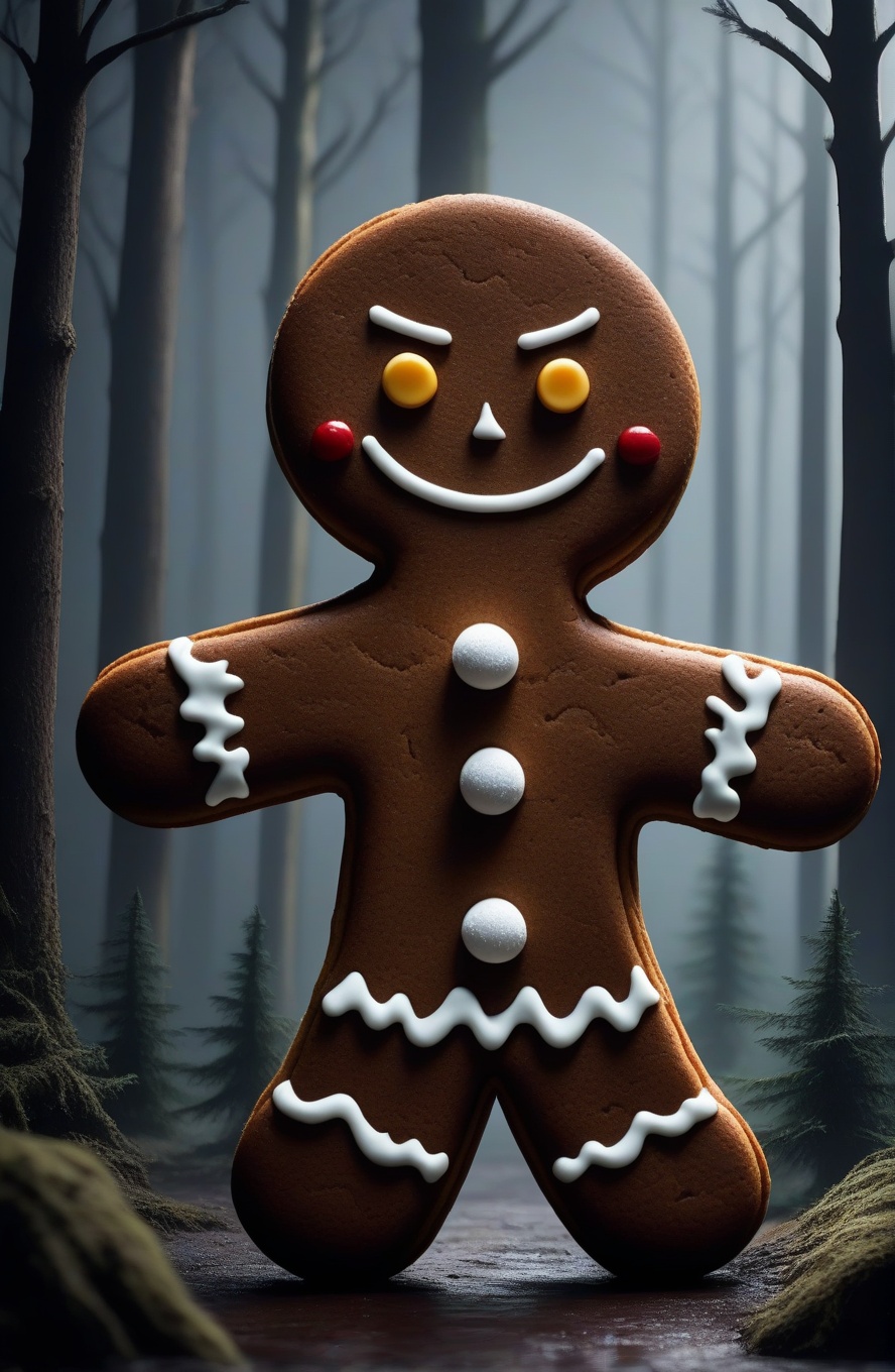 Dark fairy tales,A festive gingerbread man with a mischievous grin,standing in an eerie forest setting.,