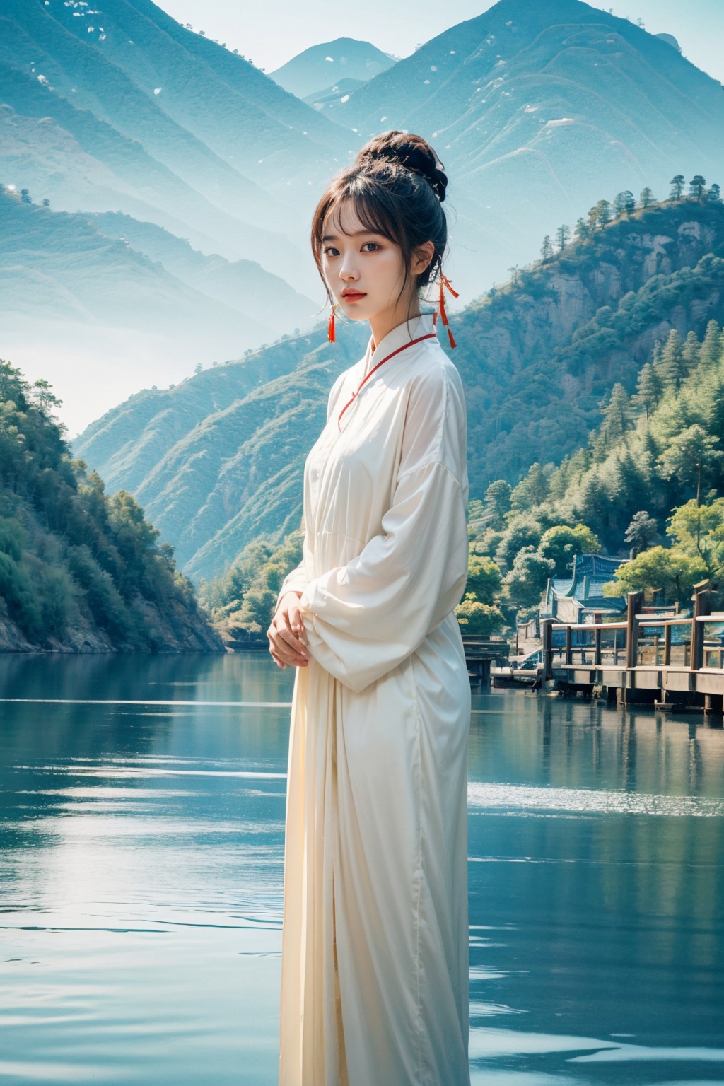 Realistic,best quality,masterpiece,8K,HDR,RAW,1girl,<lora:add_detail:0.6>,mount,water,foge,chinese style,<lora:ENNE 只此青绿_v10:0.9>,zcql,