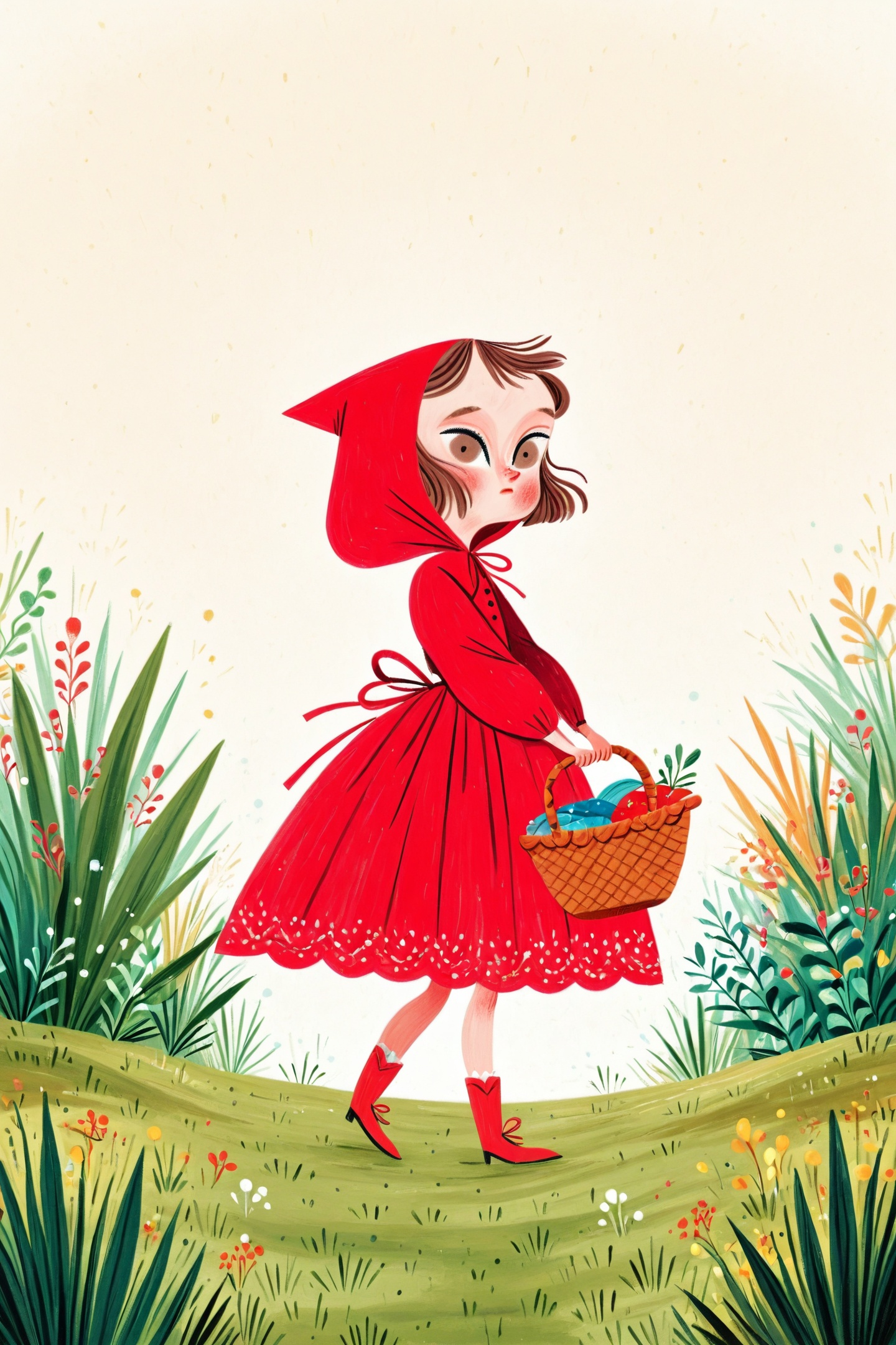 David Sierra Liston Style,1girl,hood,dress,brown hair,child,grass,basket,little red riding hood \(grimm\),white background,red dress,blush,solo,short hair,<lora:David Sierra Liston_illustriousXL:1>,
