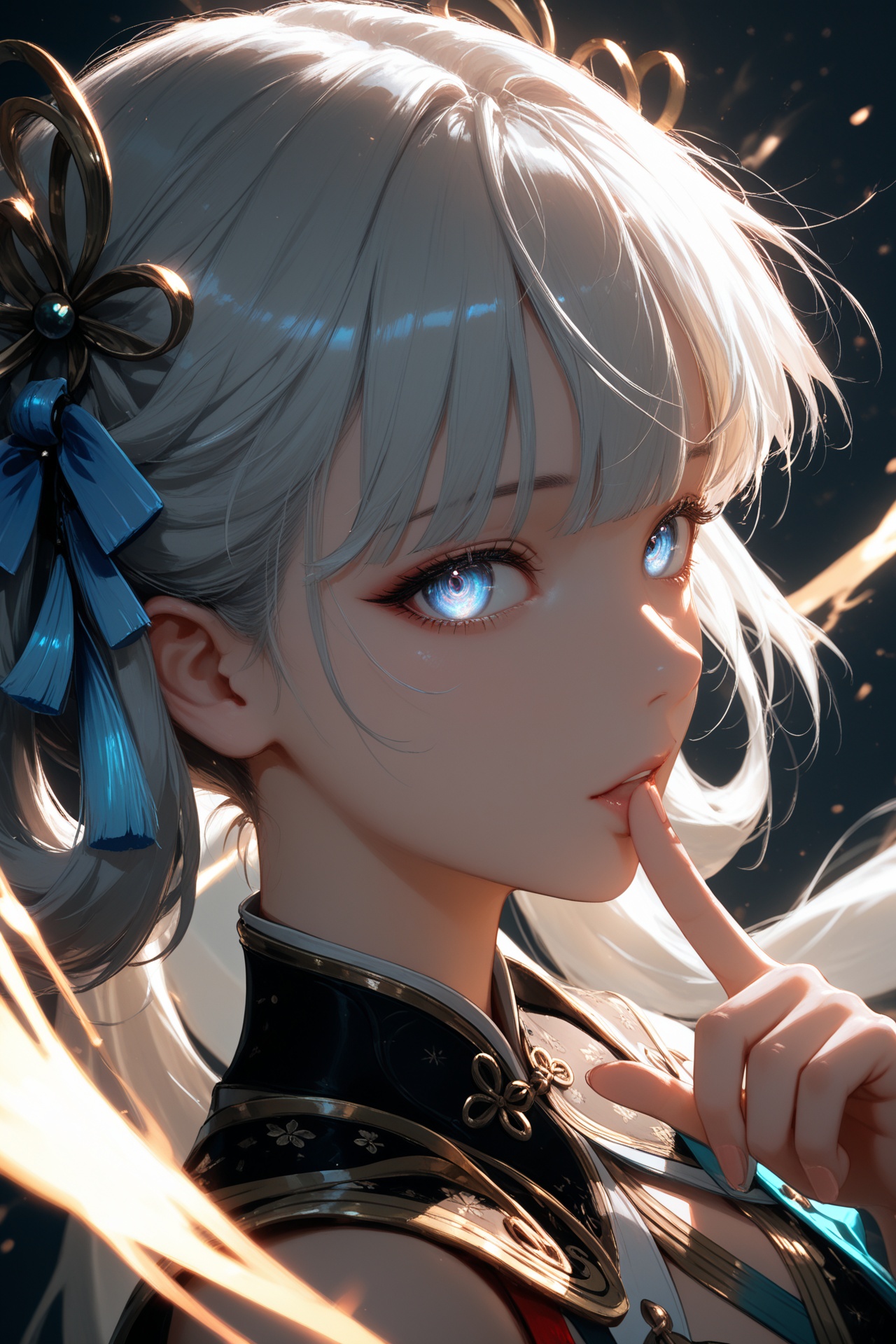 masterpiece,best quality,amazing quality,very aesthetic,absurdres,newest,highres,1girl,jinhsi (wuthering waves),portrait,from side,beautiful detailed eyes,finger to mouth,dynamic pose,dark,warm light,looking at viewer,
