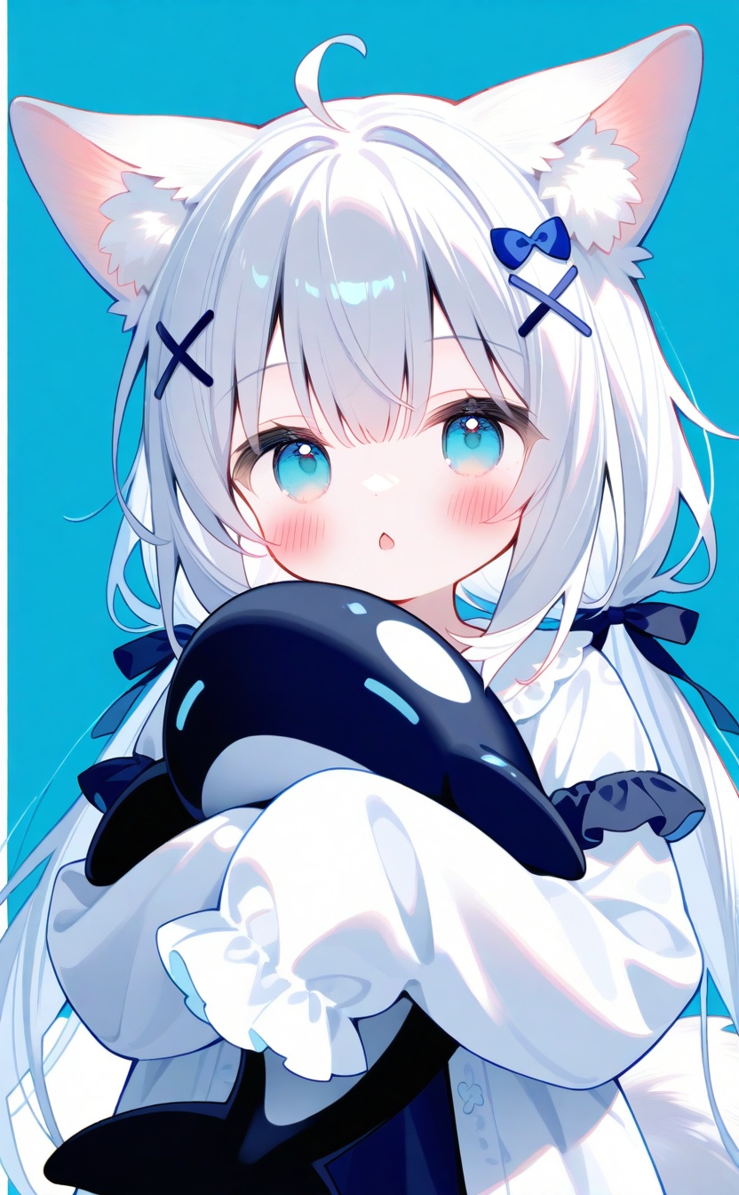 best,//,alens,1girl,animal ears,hair ornament,white hair,blue eyes,long hair,sleeves past fingers,sleeves past wrists,tail,bow,ahoge,looking at viewer,x hair ornament,twintails,low twintails,animal ear fluff,solo,blush,long sleeves,hair bow,fox ears,blue bow,:o,fox girl,upper body,shirt,white shirt,hugging object,blue background,fox tail,parted lips,chestnut mouth,open mouth,hair between eyes,>_<,dress,black bow,simple background,two-tone background,white background,very long hair,open clothes,white border,sidelocks,border,frilled sleeves,grey hair,aqua eyes,hairclip,hair intakes,frills,dot nose,stuffed toy,virtual youtuberarm garter,orca,