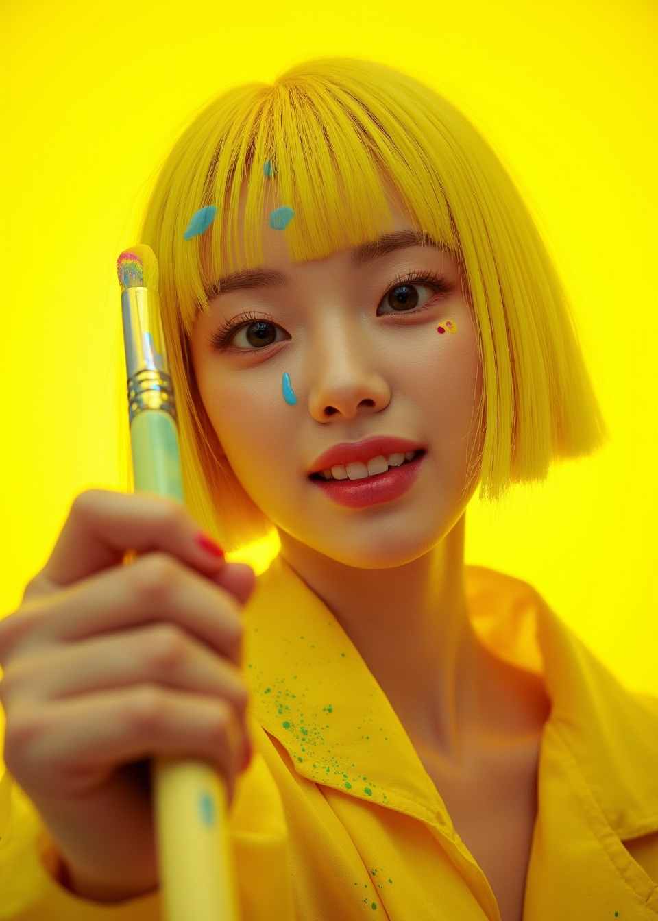 Masterpiece, Top quality, beautiful Korean woman, doll-like face, clean skin, neat lemon yellow bob cut splattered with glowing paint, bright mischievous creative smile, school art club smock-style power suit, tough canvas-like armor, active pose, holding a giant high-tech paintbrush dripping with glowing multi-colored paint near her face, intensely saturated monochromatic bright yellow background, POV, high angle, face-focused close-up, looking up at viewer
