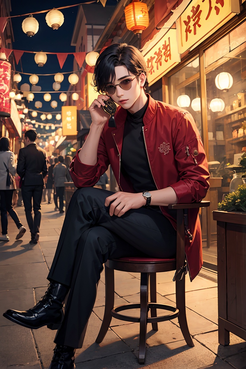 New Chinese style,ethnic trend,1boy,Male focus,solo,sitting,Sunglasses,shirt,black hair,boots,pants,black pants,black shoes,New Year,(City street scene :1.2),(Lantern :1.2),(Lantern decoration :1.2),(Scene depth :1.3),(Blurred background:1.2),Big scene,30 degree view,New Year,New Year costume,hand fan,chair,holding,red shirt,Jacket,black shirt,round glasses,short hair,red background,crossed legs,simple background,hand fan,<lora:sdxl_National fashion:0.8>,masterpiece,best quality,